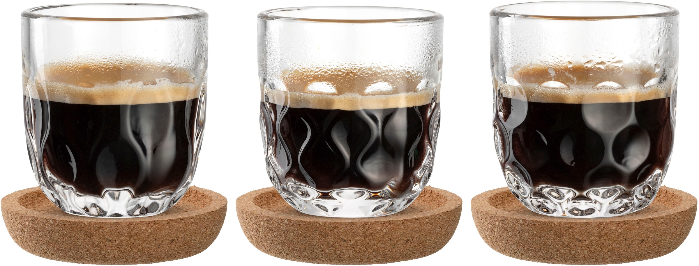 LEONARDO Gläser-Set »Espresso-Set GOCCE, 90 ml, 6-teilig« 3 Gläser mit unterschiedlichem Tropfenrelief, inkl. Kork-Untersetzer