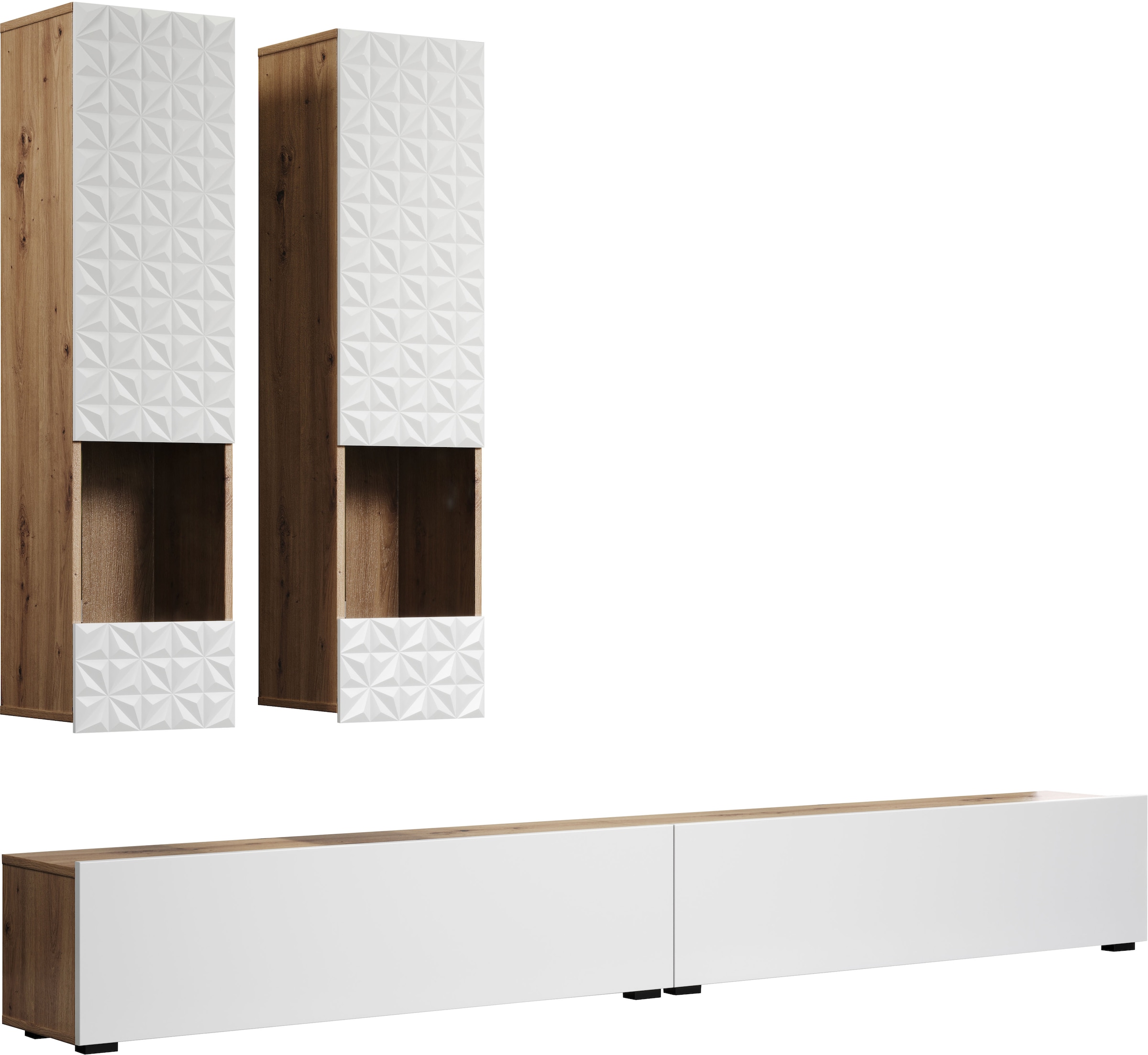 INOSIGN Wohnwand »Rezzo, 2 Hängevitrinen mit Relief-Front, 2 Lowboards je Br. 120 cm«, (Komplett-Set, 4 St.), insgesamt Br. 240 cm, Montage stehend oder hängend