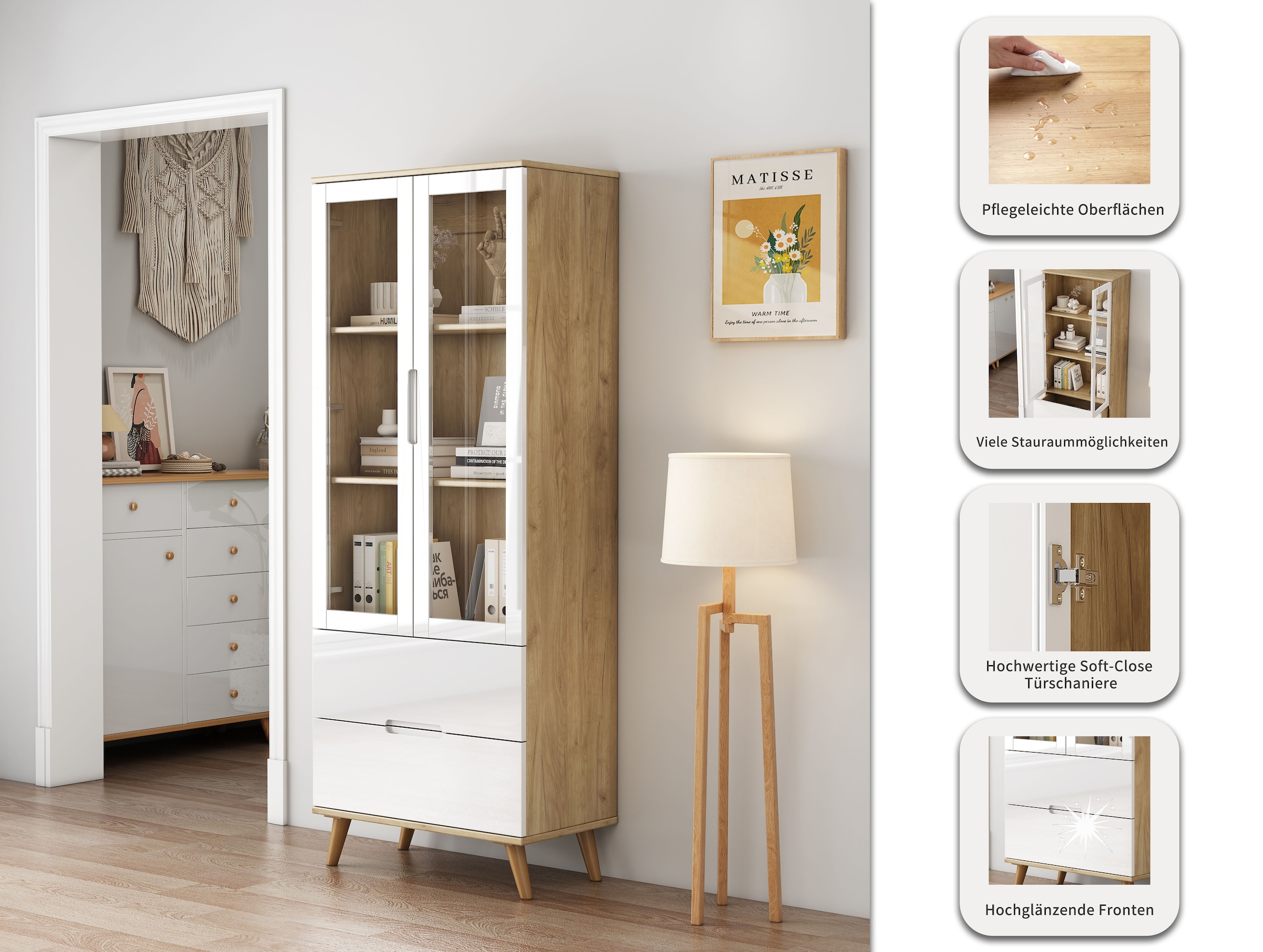 OTTO home Highboard »Lund« mit glänzenden Fronten, Glastüren, helles Holzdekor, Breite 70 cm