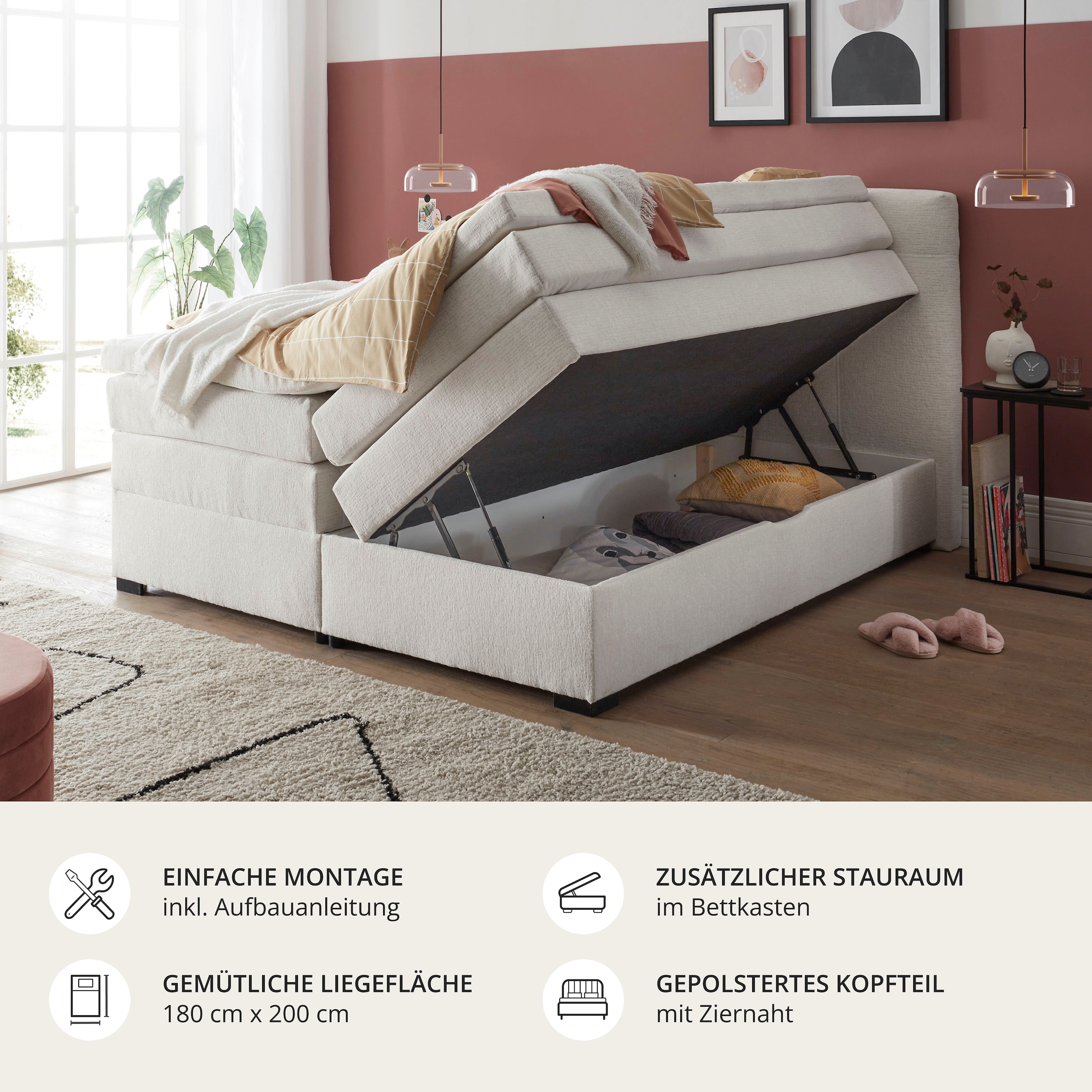 ED EXCITING DESIGN Boxspringbett »FANES, Doppelbett mit Bettkasten und Taschenfederkernmatratze H3« 5 Stk. tlg. mit 7cm Visco-Topper, hochwertiger Chenille-Bezug, 180x200cm