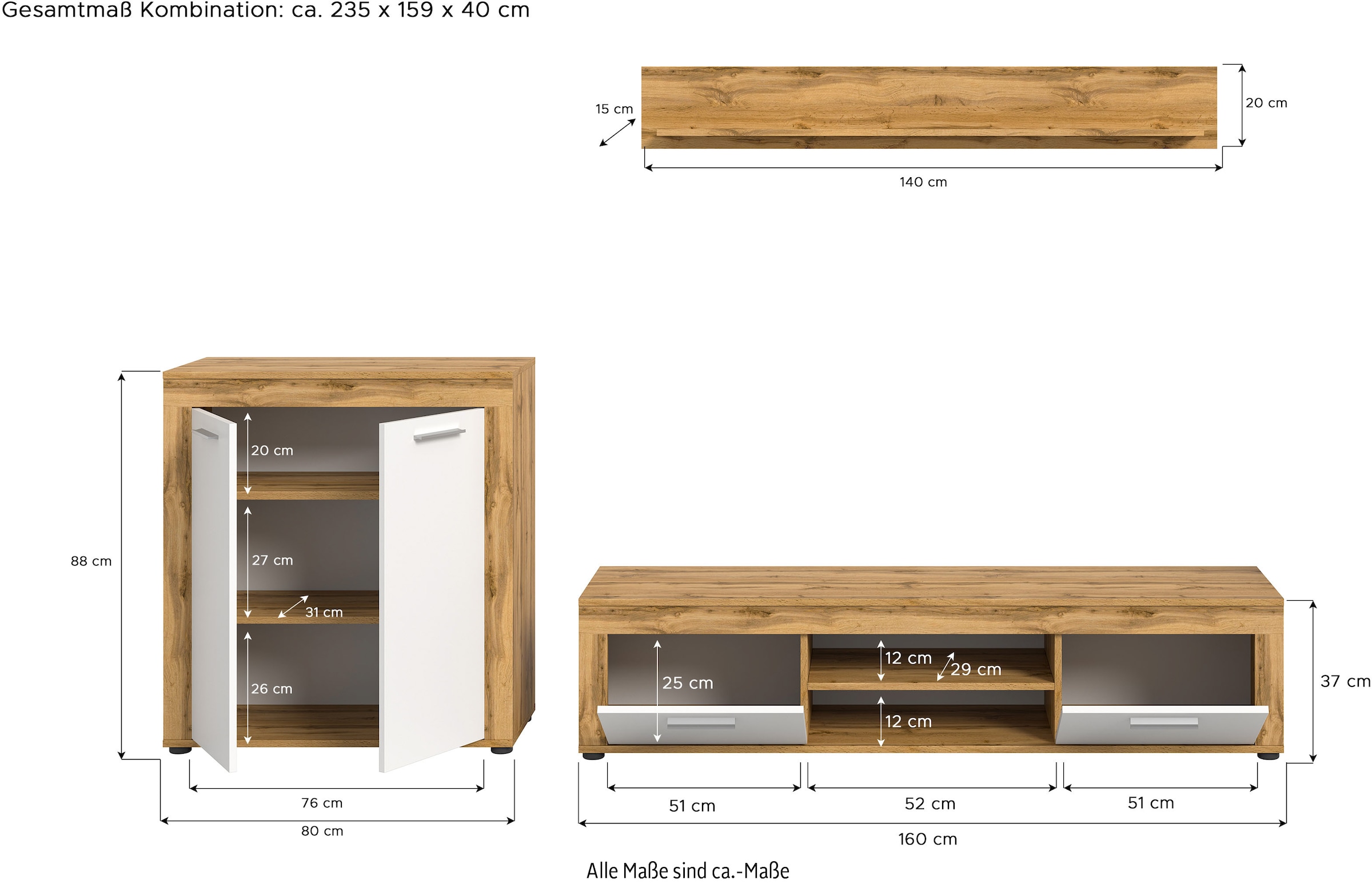 INOSIGN Wohnwand »Aosta, Breite 255cm, bestehend aus Highboard, Lowboard, Wandboard« 3 Stk. tlg.