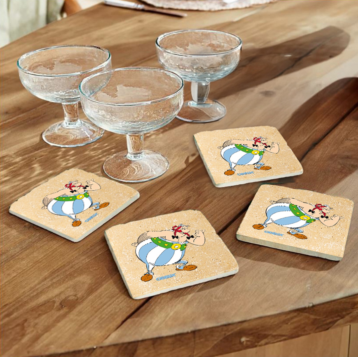 LuckyLinde Getränkeuntersetzer »Obelix Motiv Fliesen Steine«, (Set, 4 tlg.), Asterix Set Topfuntersetzer Naturstein Untersetzer 10x10x1cm