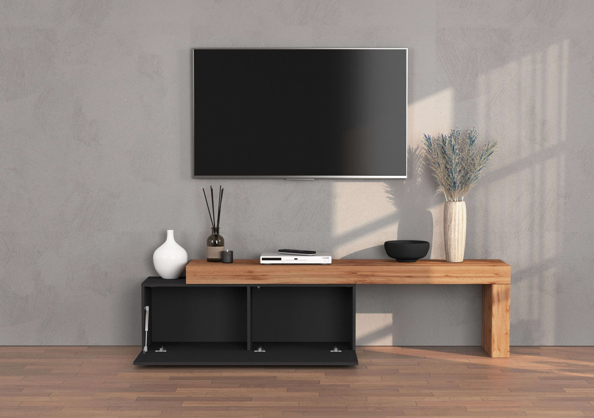 INOSIGN Lowboard »Chronos TV-Board, T-Schrank«, (1 St., Breite verstellbar von 180 bis 290 cm), Breite 240 cm TV-Board,Lowboard,1 Klappe und ein L-Förmiger Aufsatz