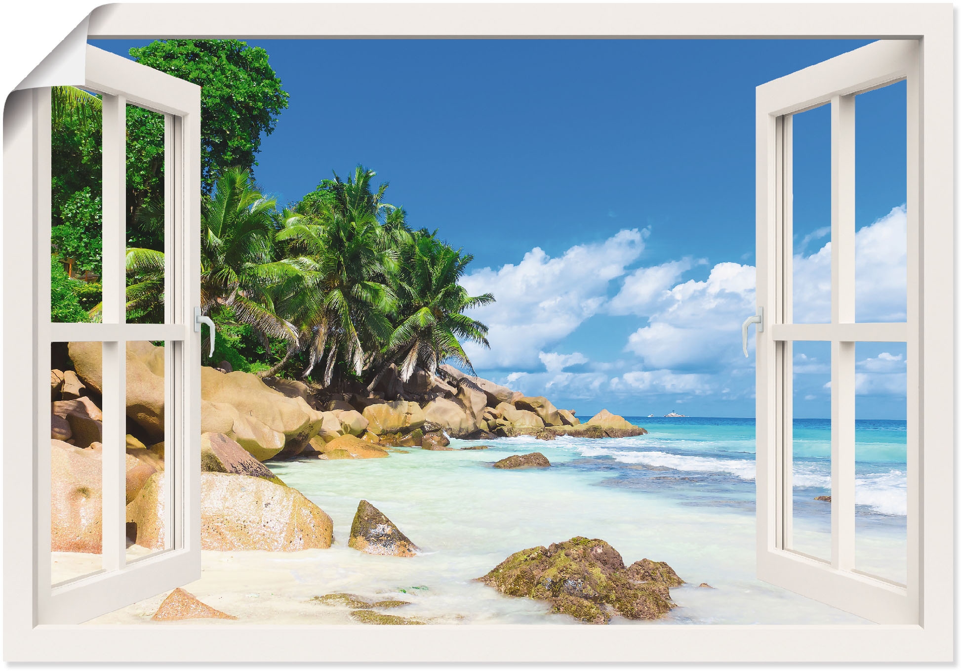 Artland Wandbild »Küste mit Palmen durchs Fenster«, Karibikbilder, (1 St.), als Alubild, Outdoorbild, Leinwandbild, Poster, Wandaufkleber