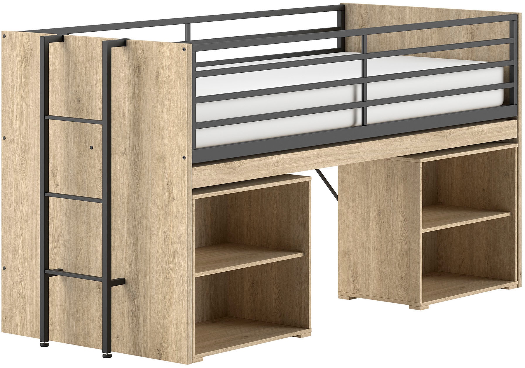 Vipack Stauraumbett »Sam, schlafen und arbeiten in einem, wahlweise Eiche- oder Weiß-Dekor« Liegefläche 90x200 cm, darunter eine große ausziehbare Schreibplatte,  mit Absturzschutz, Leiter u. 2 Regale, pflegeleichte Dekor Oberfläche