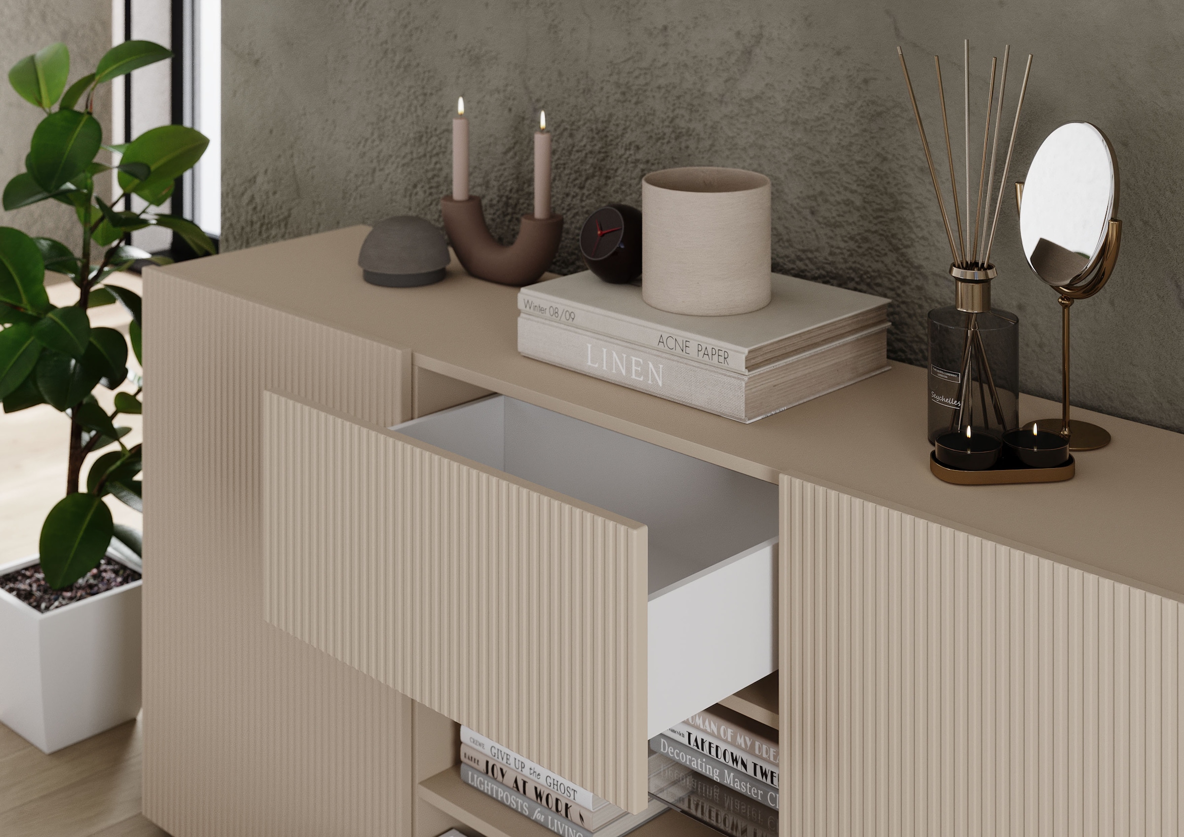 INOSIGN Sideboard »Rio Breite 181 cm, Kommode mit 2 Türen u. 2 Schubkästen,«, geriffelte MDF-Fronten, modern u. elegant, viel Stauraum