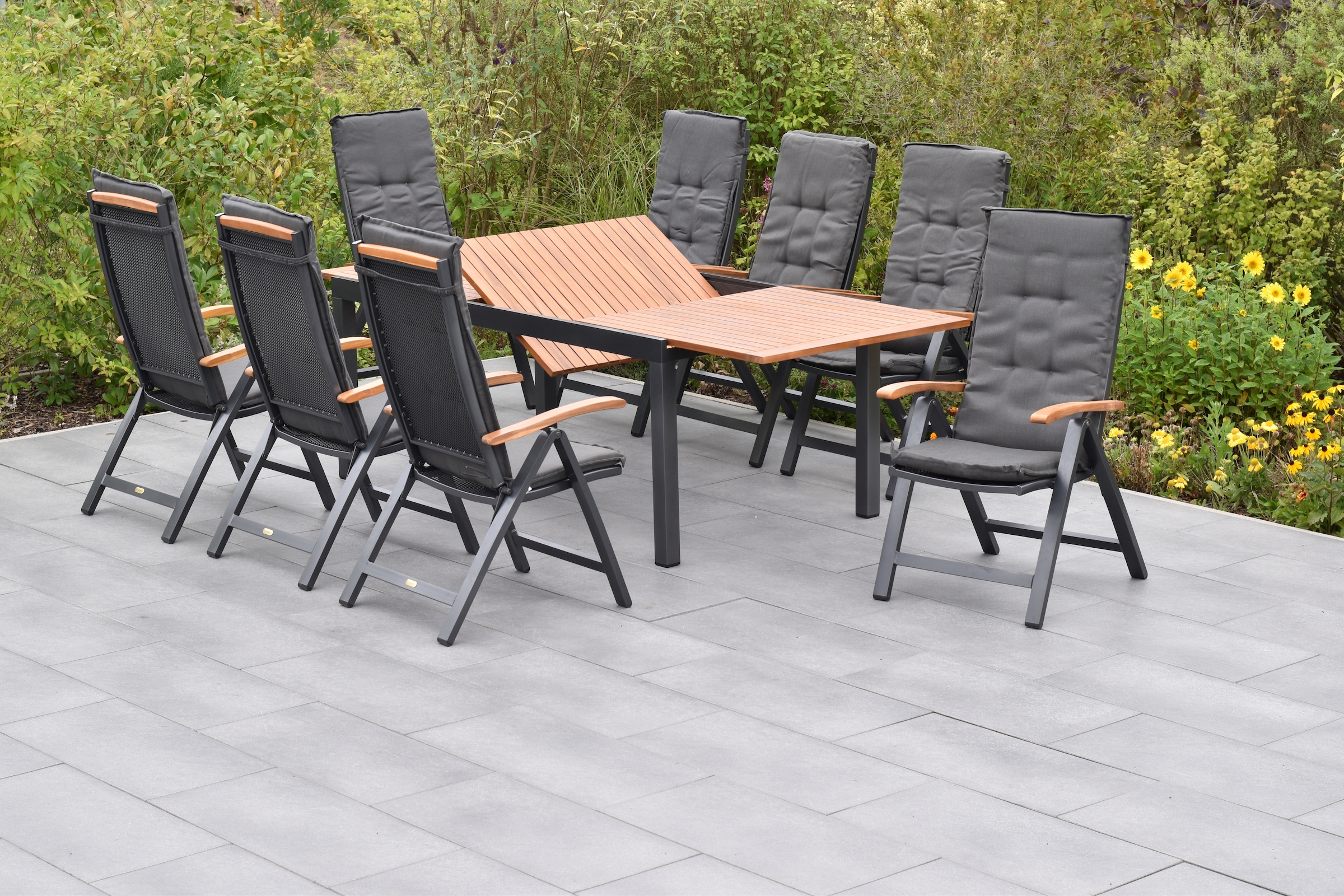 MERXX Garten-Essgruppe »»Tilos««, (Set, 17 tlg., Inkl. Auflagen, 5-fach verstellbare Rückenlehne), Ausziehtisch: LxB: 180-250 x 100 cm