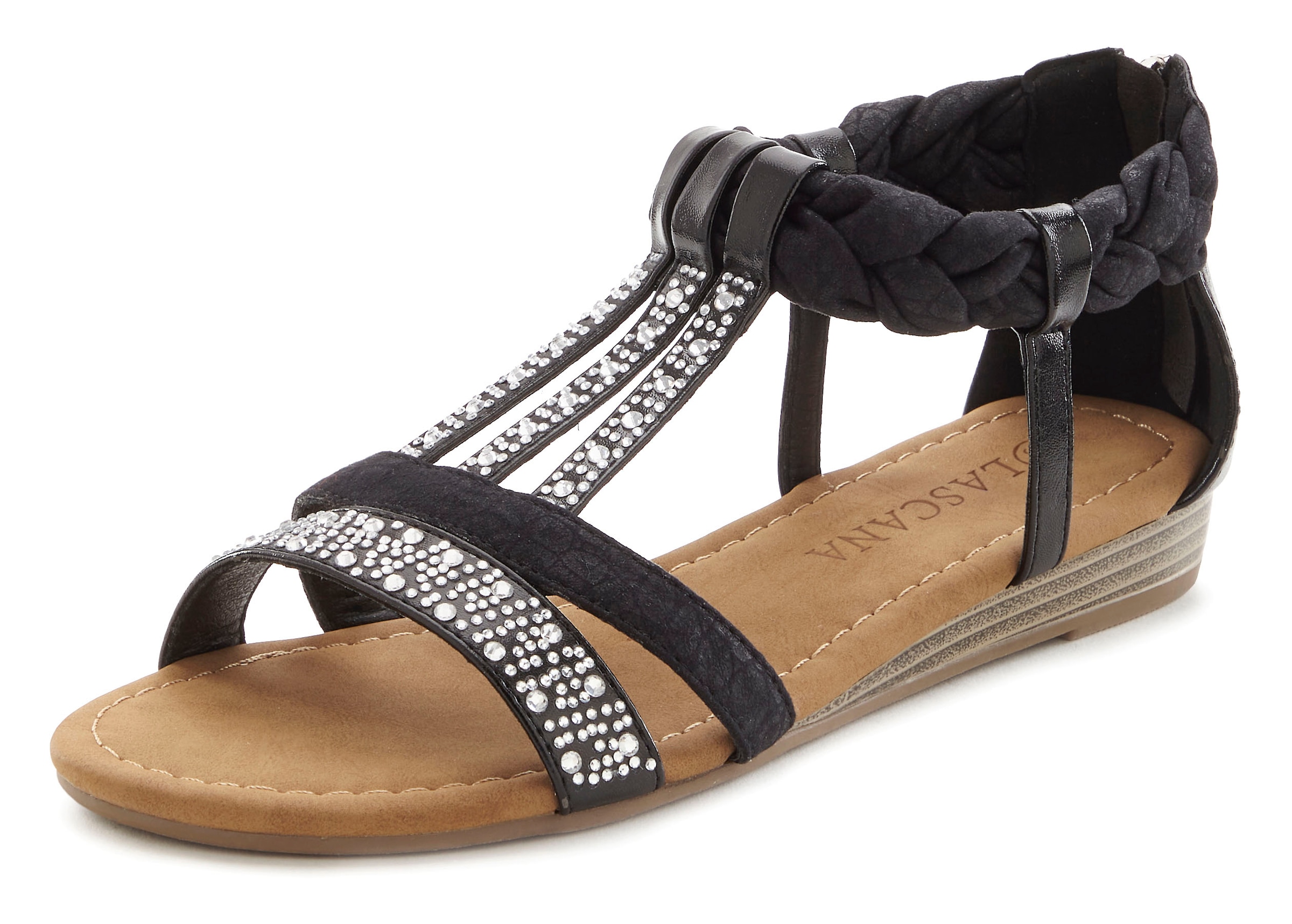 LASCANA Sandale »Sommerschuh«, mit Glitzersteinen, kleiner Keilabsatz, Sandalette, Sommerschuh VEGAN