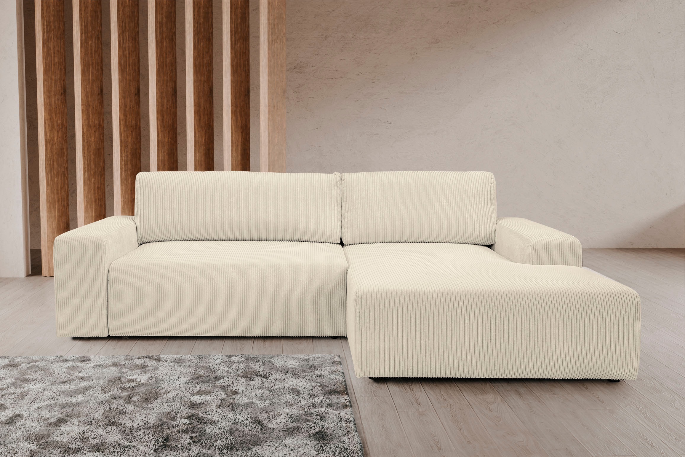 WERK2 Ecksofa »Hugo-L, kuschelweiche Trendstoffe Cord und Breitcord, L-Form«, Design Ecksofa in Cord mit Schlaffunktion & Bettkasten, Breite 267cm