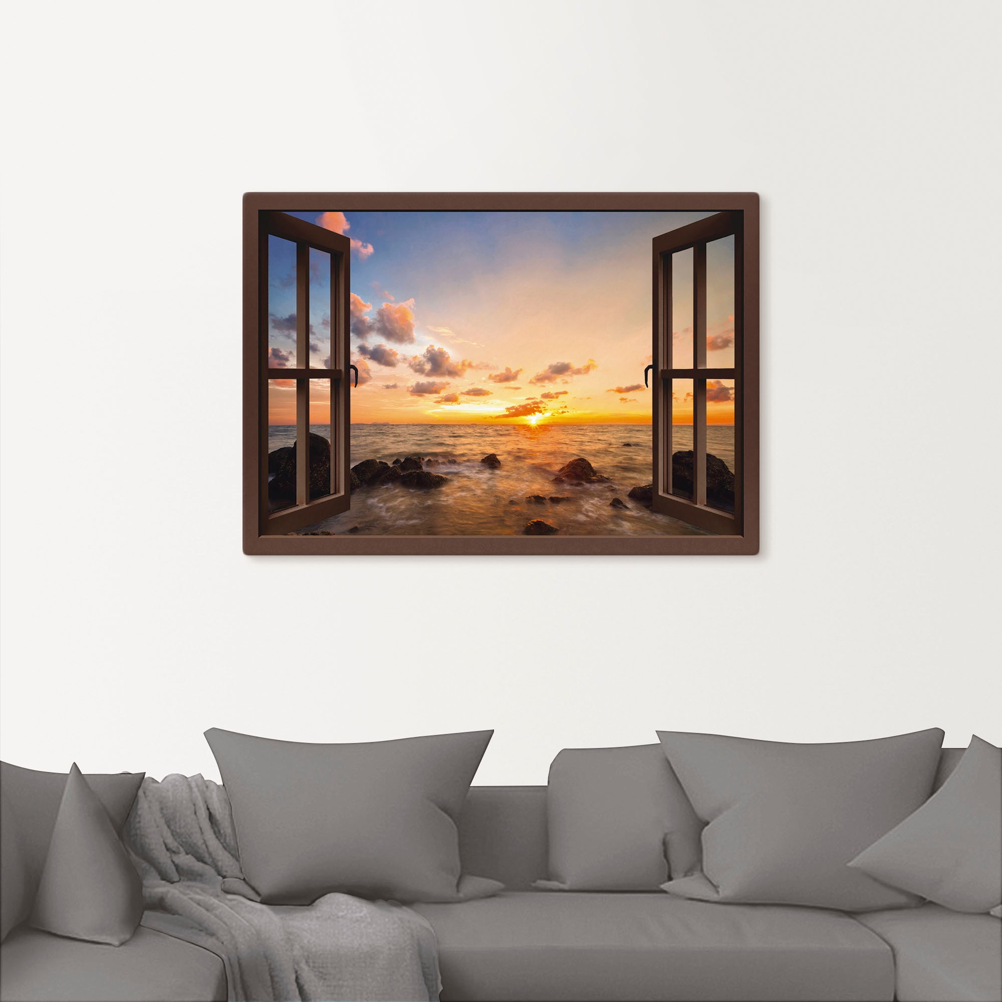 Artland Wandbild »Fensterblick Sonnenuntergang am Meer«, Fensterblick, (1 St.), als Alubild, Outdoorbild, Leinwandbild, Poster, Wandaufkleber