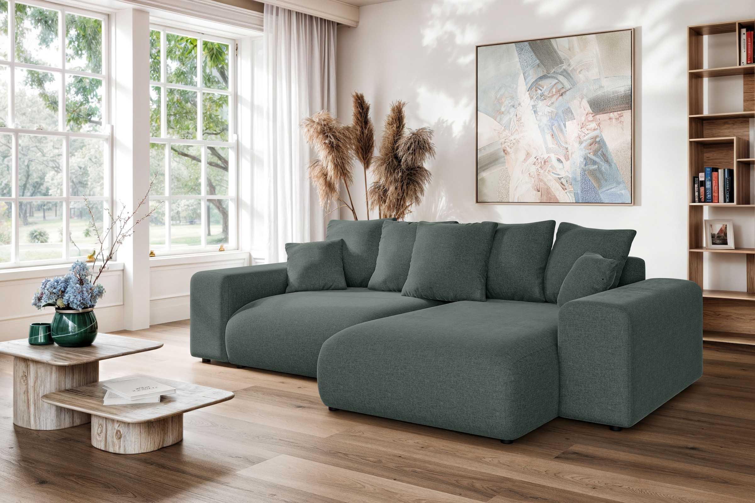 INOSIGN Ecksofa »LAKESIDE mit Bettfunktion und Bettkasten, B/T/H 257/166/84 cm«, L-Form, Recamiere beidseitig montierbar, Wellenunterfederung