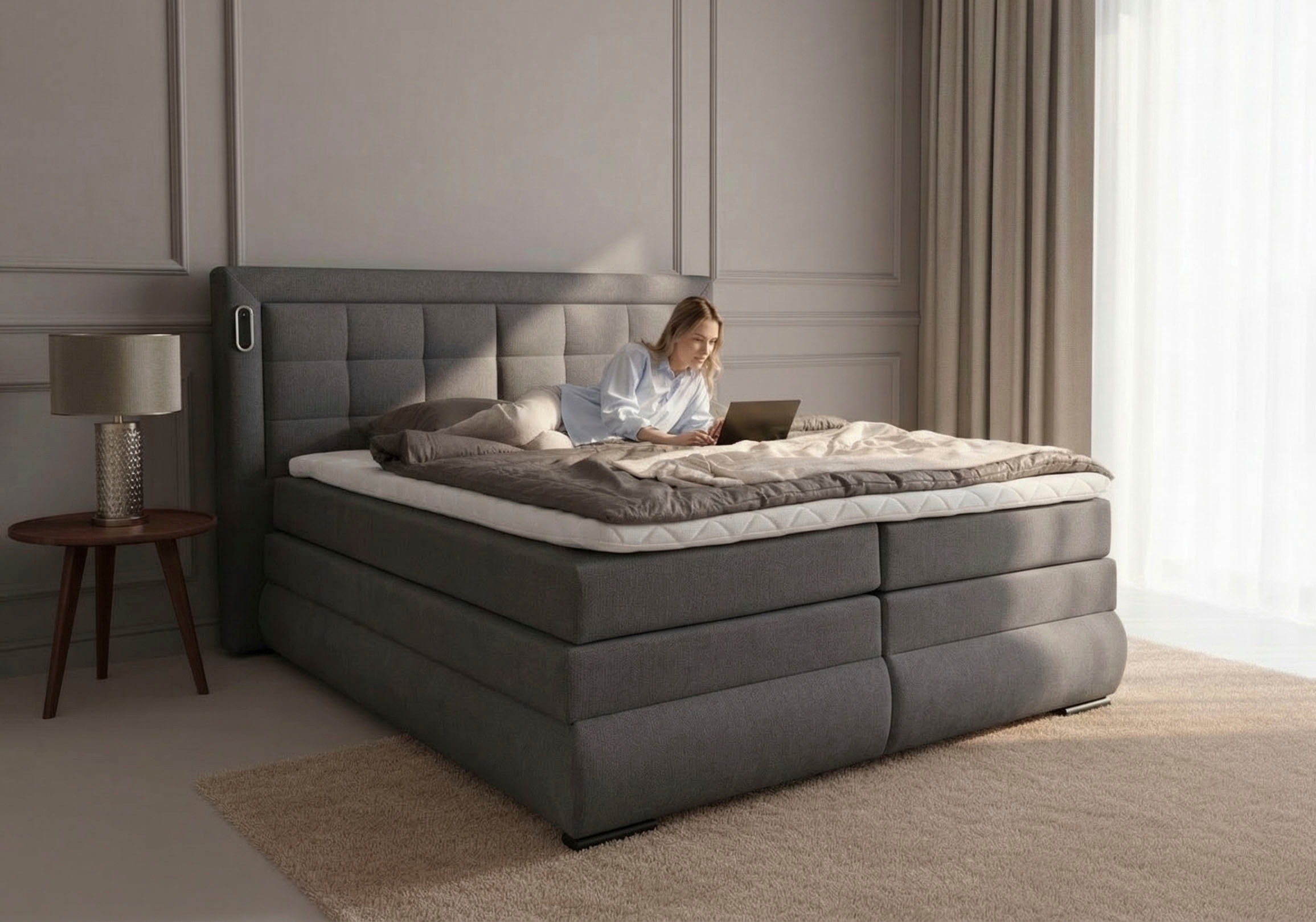 OTTO home Boxspringbett »MIVVA mit Bettkasten, mit Taschenfederkernmatratze H3, H3/H4 mix, H4« mit Kaltschaum- oder Visco-Topper (bei H4), Komfortliegehöhe 67cm
