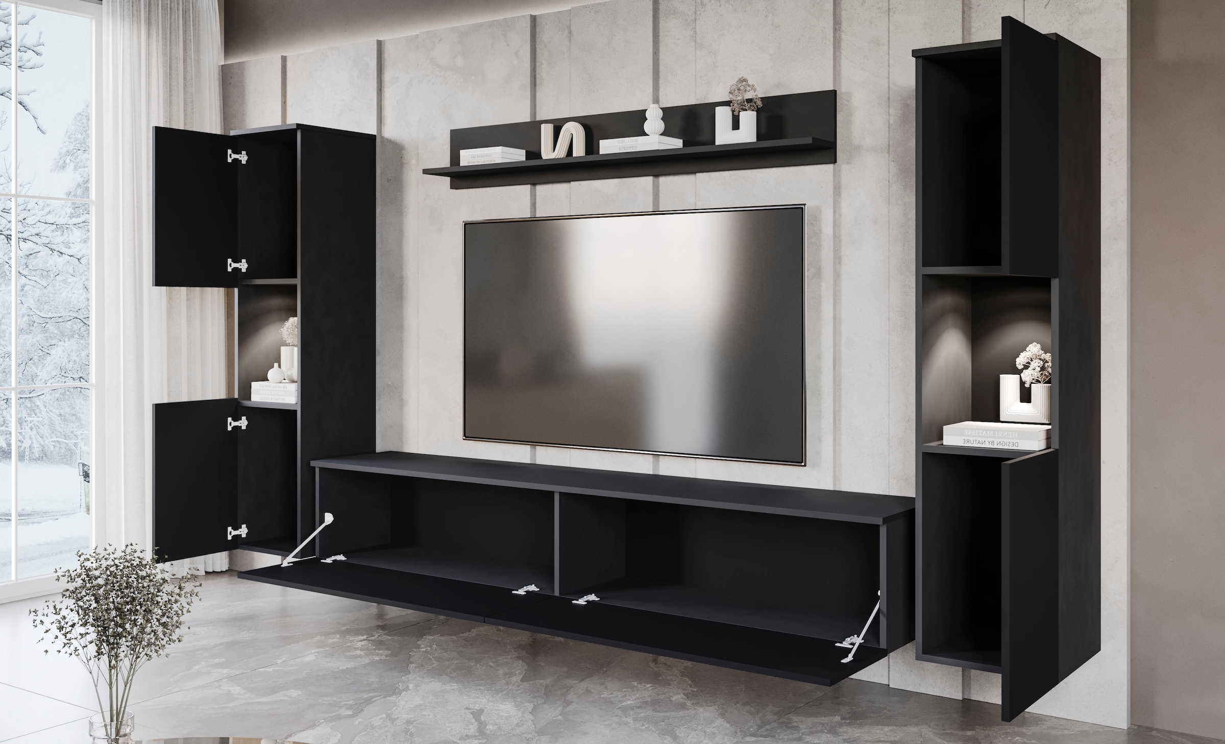 INOSIGN Wohnwand »PARIS, Vitrine Türanschlag links/rechts wechselbar«, (Komplett-Set, 4 St.), grifflose Design, stehend und hängend montierbar