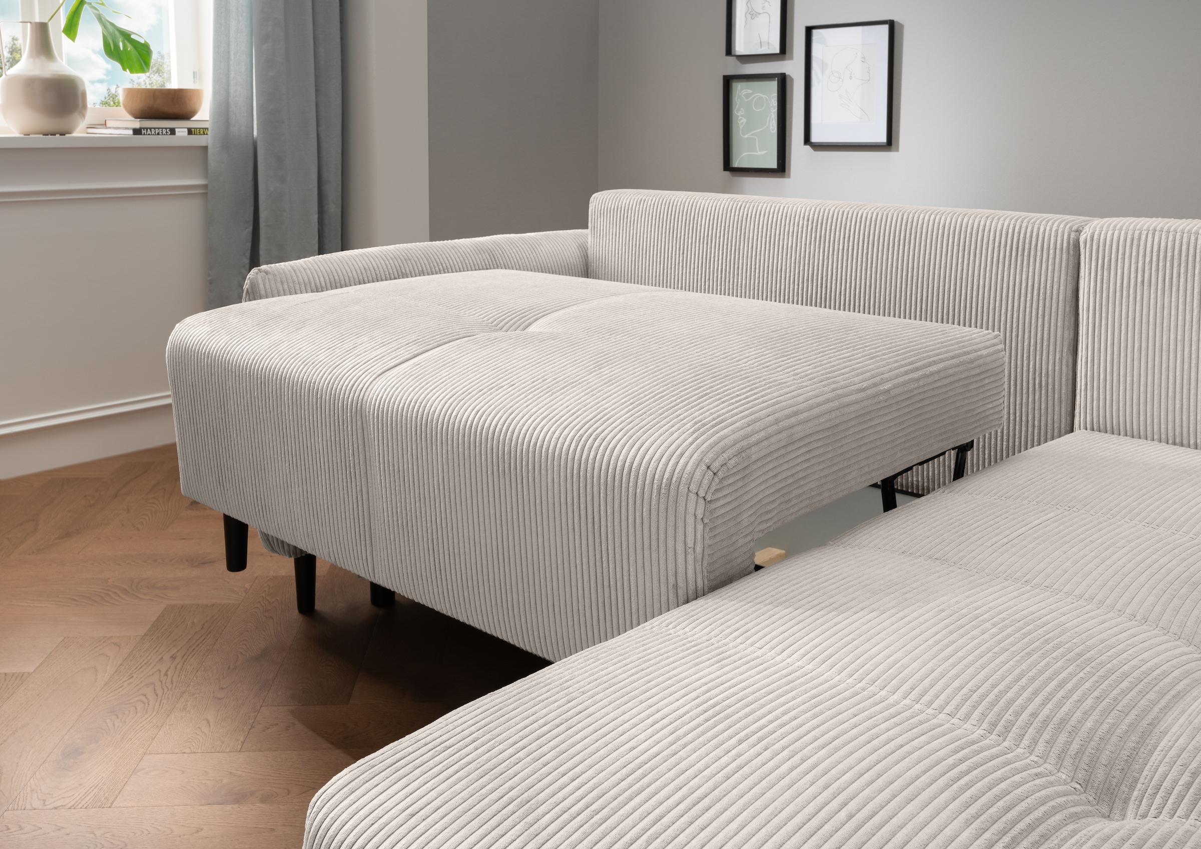 INOSIGN Ecksofa »Mara, L-Form, aktueller Cord Bezug und tolle Farben, schmale Armlehnen«, whlw. mit Bettfunktion,Recamiere links/rechts montierbar, Breite 238cm