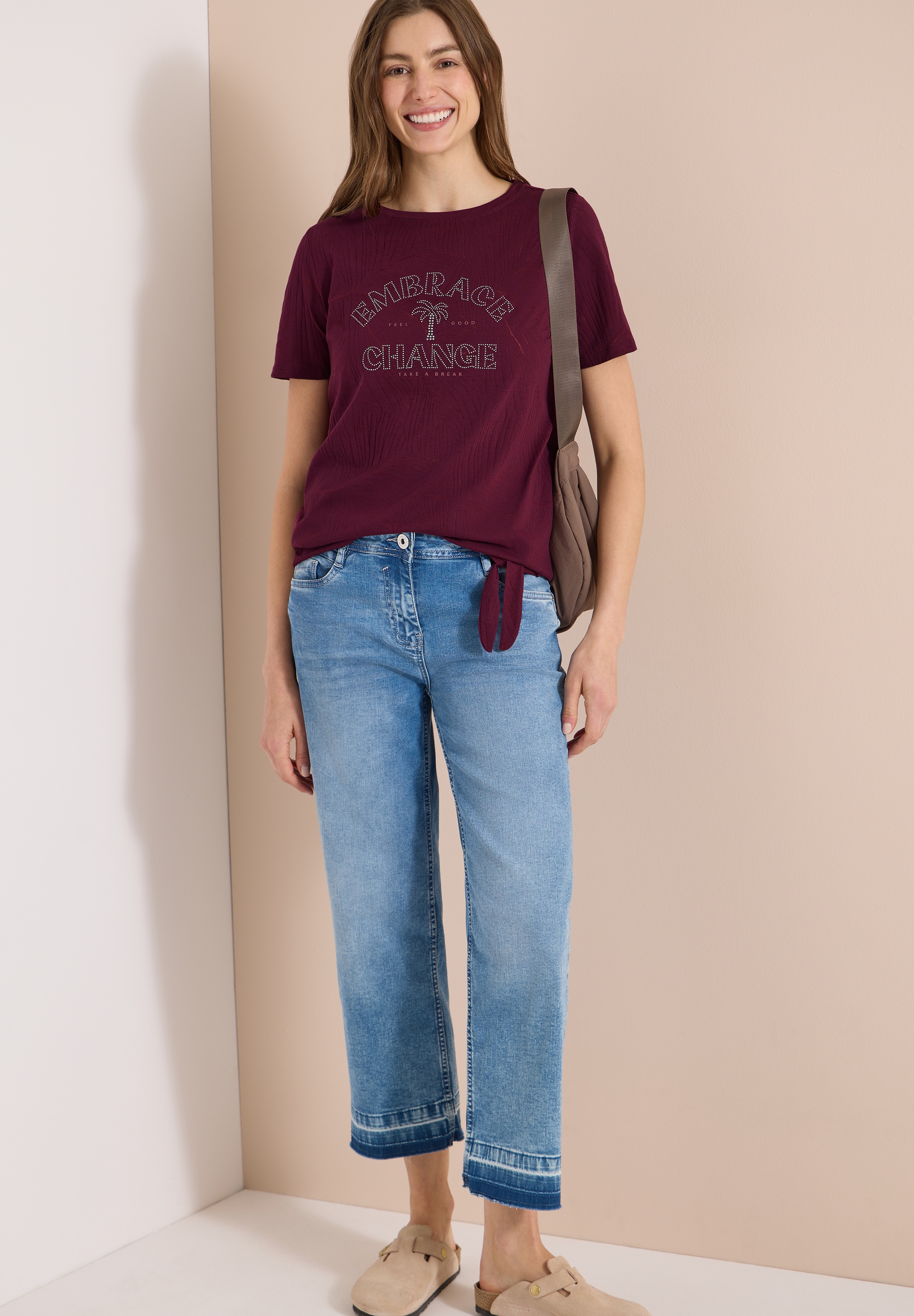 Cecil Rundhalsshirt Sommershirt im Ausbrenner-Look mit Wording