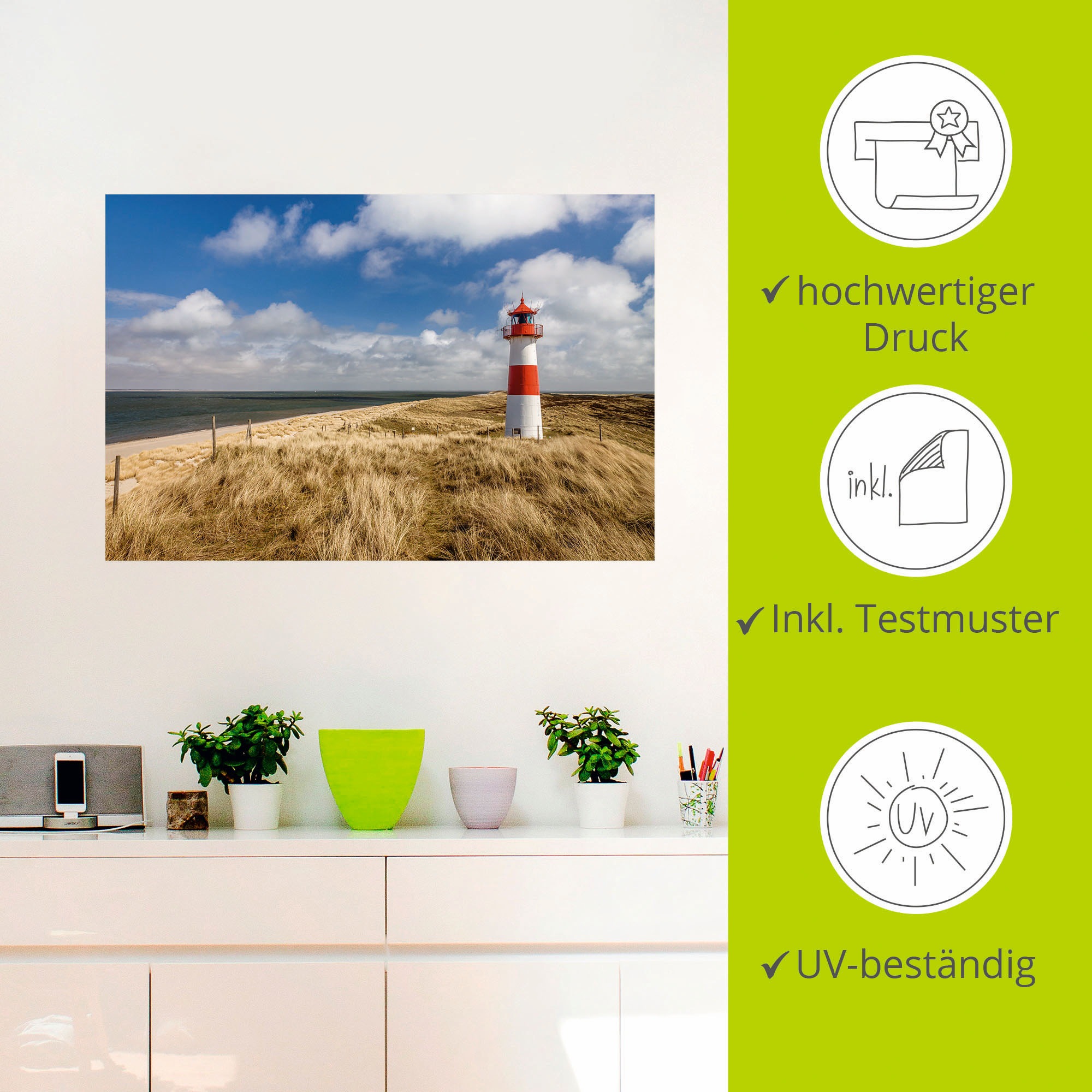 Artland Wandbild »Leuchtturm List-Ost auf Sylt Deutschland«, Gebäude, (1 St.), als Alubild, Leinwandbild, Wandaufkleber oder Poster in versch. Größen