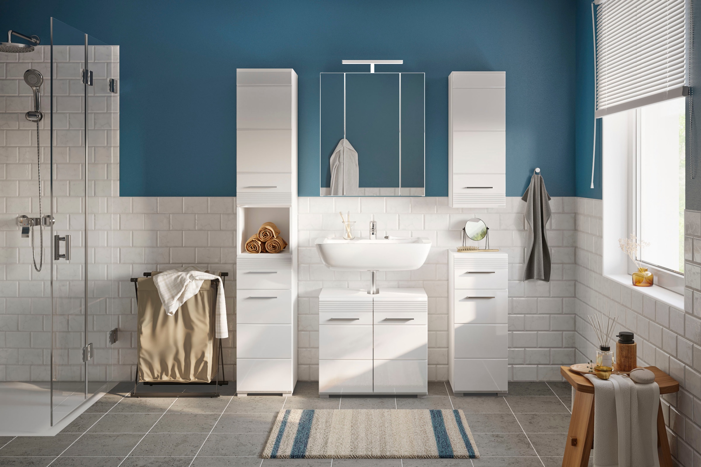 INOSIGN Hochschrank »Malmö, Breite 30 cm, 2 Türen, 1 Schubkasten, 1 offenes Fach, MDF-Front«, in verschiedenen Farben erhältlich, Badmöbel, Badschrank, Schrank, Bad
