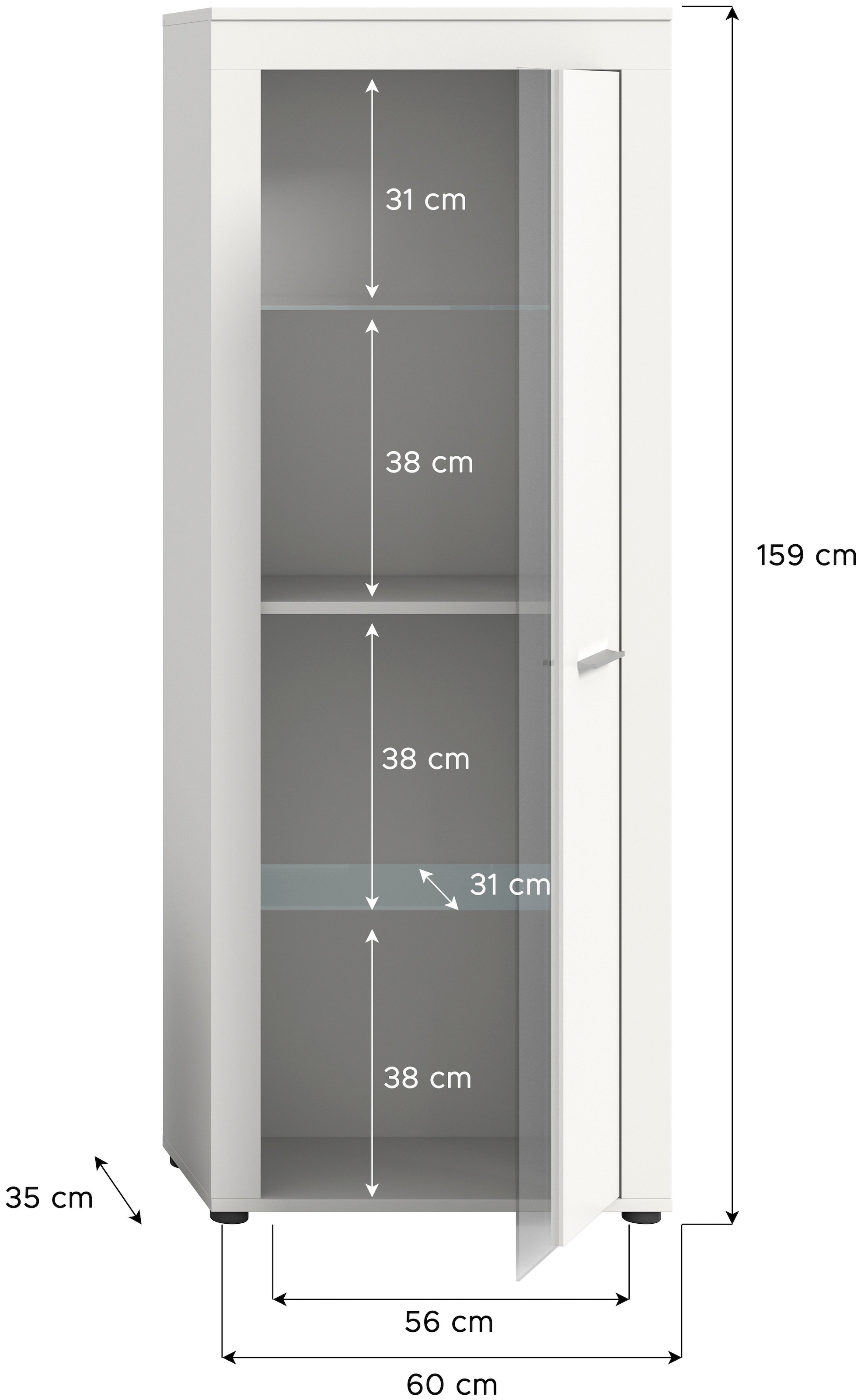 INOSIGN Vitrine »Aosta, Höhe 159 cm, in verschiedenen Farbausführungen«, 1 Tür, 3 Einlegeböden, 4 Fächer, Wohnzimmer, Standvitrine, Glasvitrine