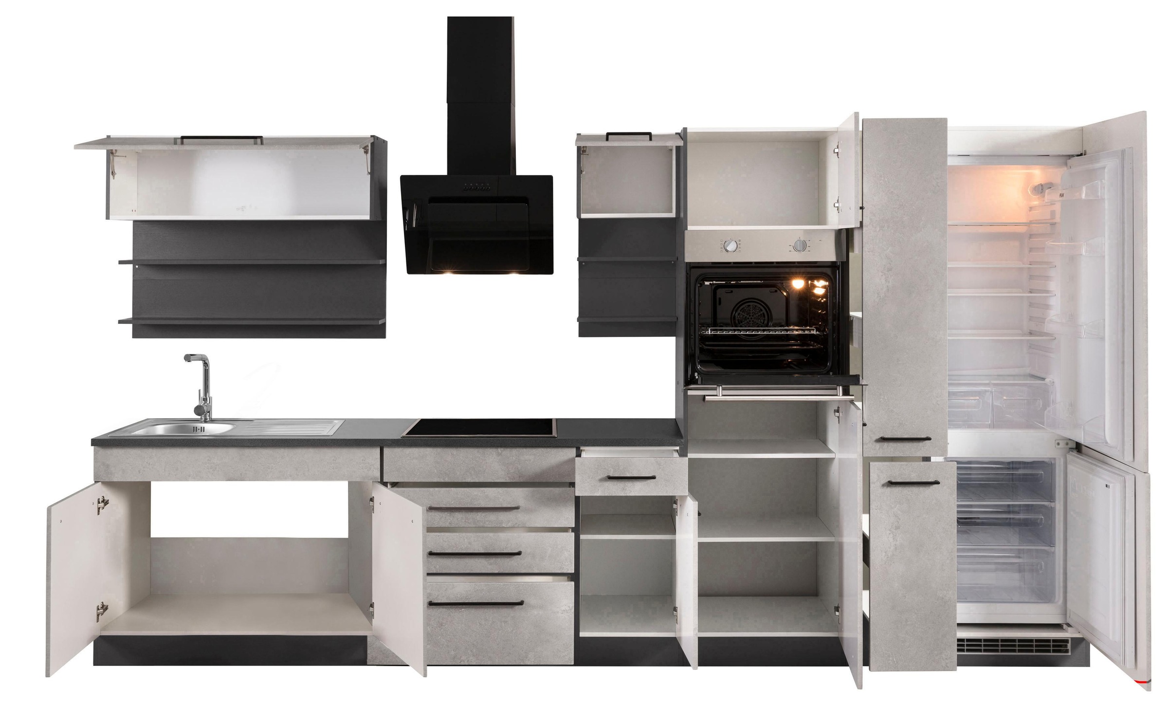 KOCHSTATION Küchenzeile »KS-Tulsa«, ohne E-Geräte, Breite 360 cm, schwarze Metallgriffe, MDF Fronten