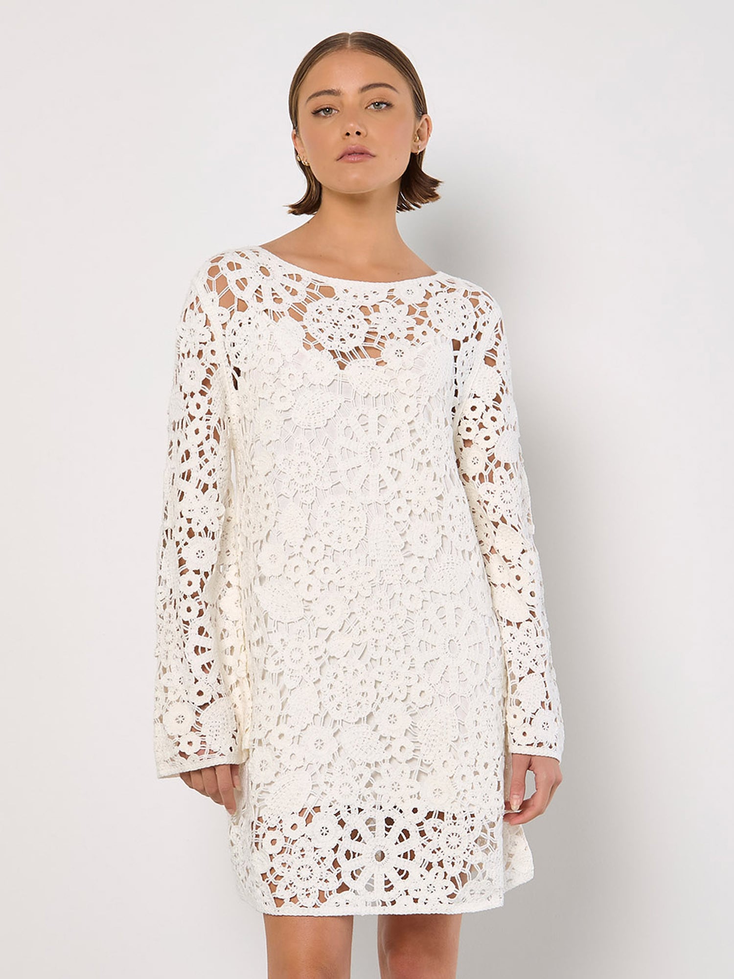 Apricot Druckkleid »Floral gehäkeltes Etuikleid« mit Trompetenarmen