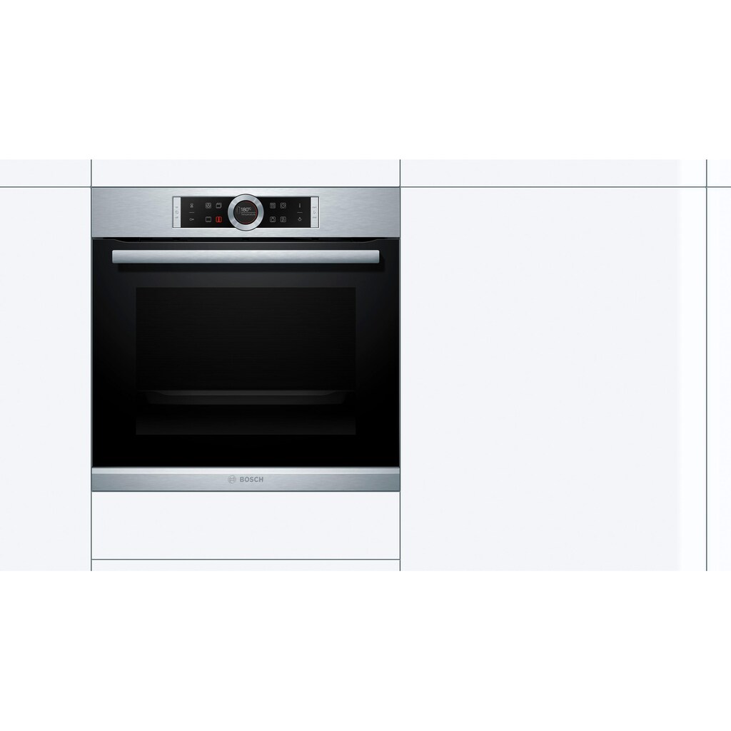 BOSCH Einbaubackofen »HBG635B«, Serie 8, mit Teleskopauszug nachrüstbar, ecoClean Direct, 4D-Heißluft-Eco-Ober-/Unterhitze Eco-Umluft-Infra-Grill-Großflächen-/Kleinflächengrill-Pizzastufe-Sanftgaren-Vorwärmen-Warmhalten-Auftaustufe, mit Pizzastufe