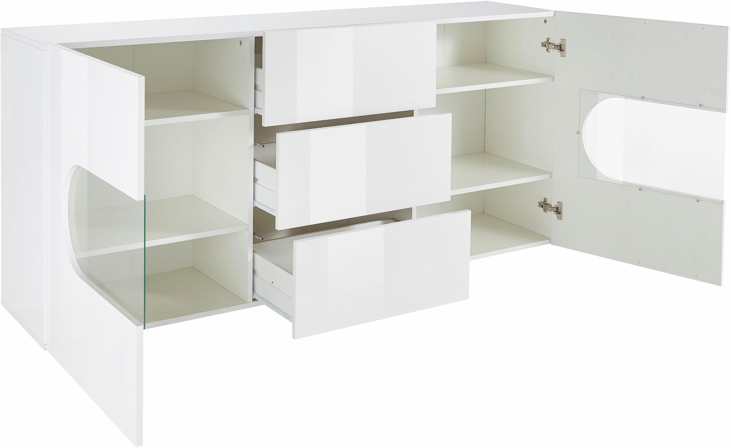 INOSIGN Sideboard »Real,Vitrine,Kommode,Schrank,Breite 180 cm komplett hochglanz lackiert«, mit 2 Glastüren und 3 Schubladen ohne Griff