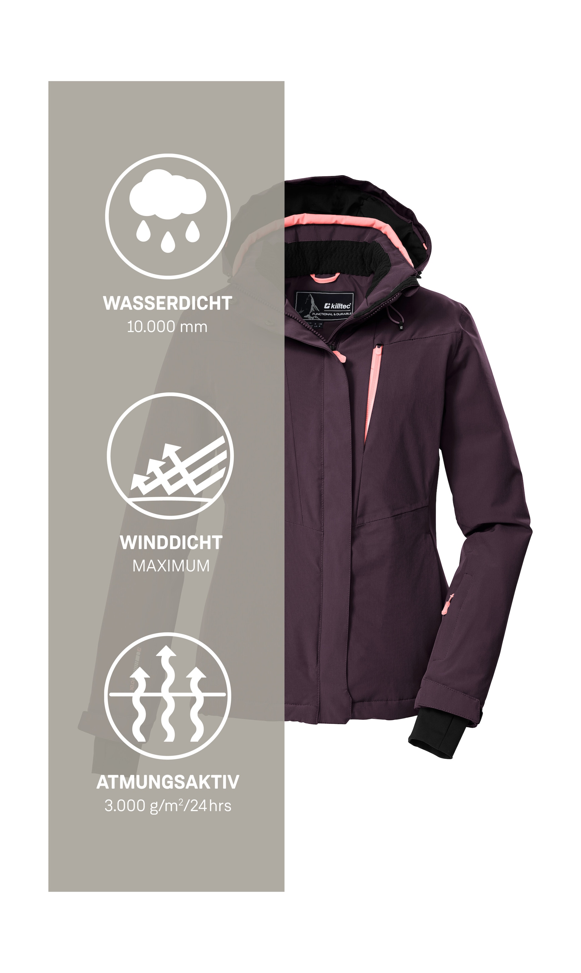 Killtec Skijacke »KSW 25 WMN SKI JCKT«, Atmungsaktive, wasserdichte Skijacke mit abnehmbarer Kapuze