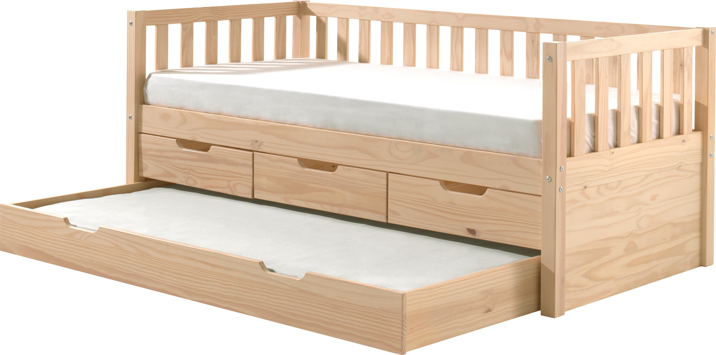 Vipack Einzelbett »mit Schubladen, Kiefer massiv, viel Stauraum und zeitloses Design«, (B/H/T ca. 211,2x85,5x97,8cm, Ausf. Milky Pine oder Weiß), inkl. Rolllattenrost, mit oder ohne Bettschublade