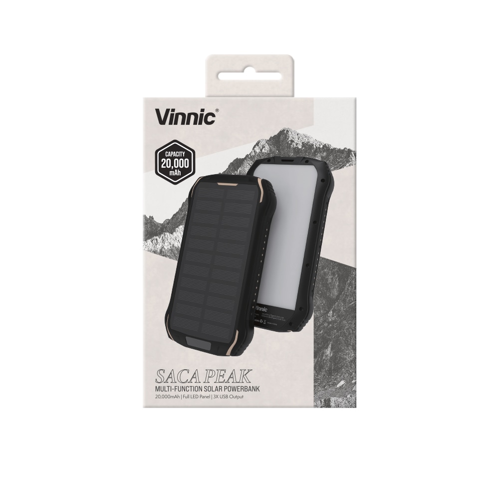 Vinnic Powerbank »SACA PEAK Solar Powerbank 20.000mAh IP65 1xUSB-C, 2xUSB-A«, Vinnic SACA PEAK Solar Powerbank 20.000mAh IP65 1xC 2xA,black