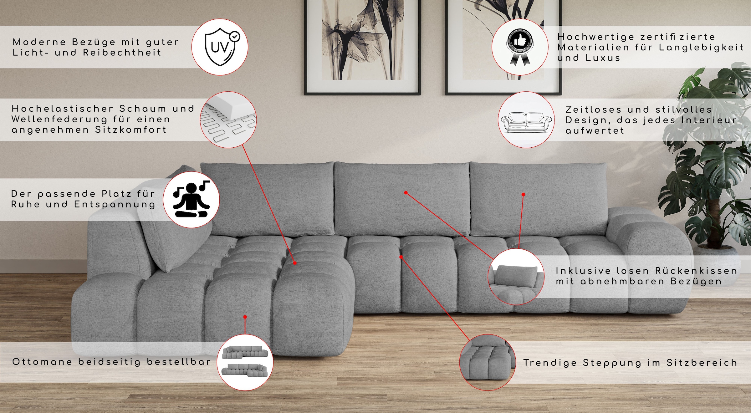 OTTO home Ecksofa »AZITA L-Form, XXL 352 cm Designsofa in Bubble-Opitk« lose Rückenkissen, traumhafte Steppung