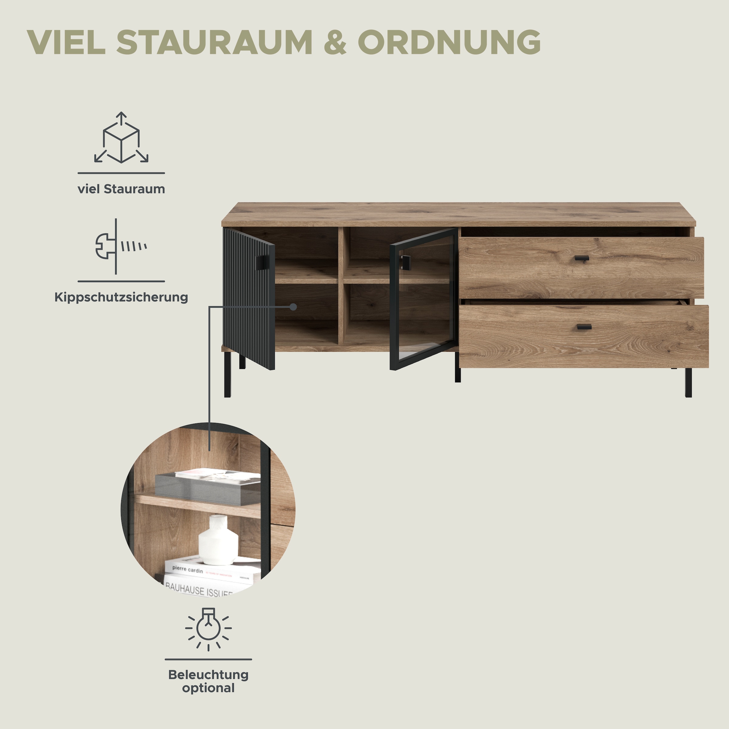 INOSIGN Lowboard »TREVERK, Breite: 154 cm, hochwertige MDF-Front schwarz tiefzieh« 1 Stk. tlg. Lowboard, Wohnzimmer, Esszimmer