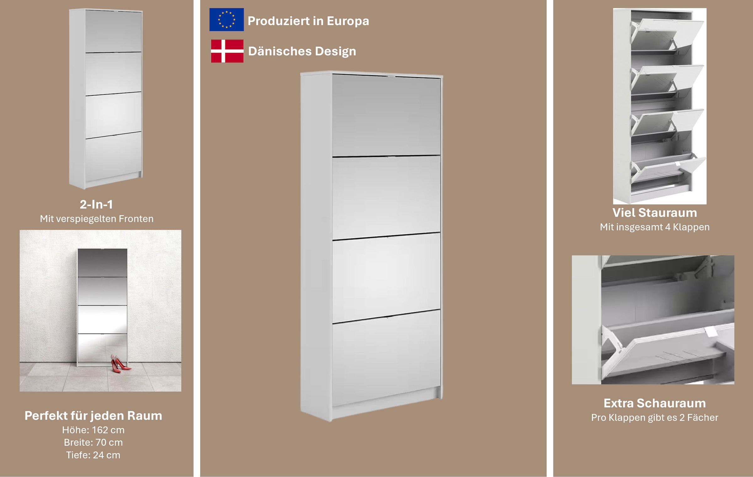 INOSIGN Schuhschrank »Shoes, Praktisch, minimalistisch, verspiegelte Klappenfronten« 4 Fächer, Schuhaufbewahrung, Folienbeschichtet, Höhe 162 cm