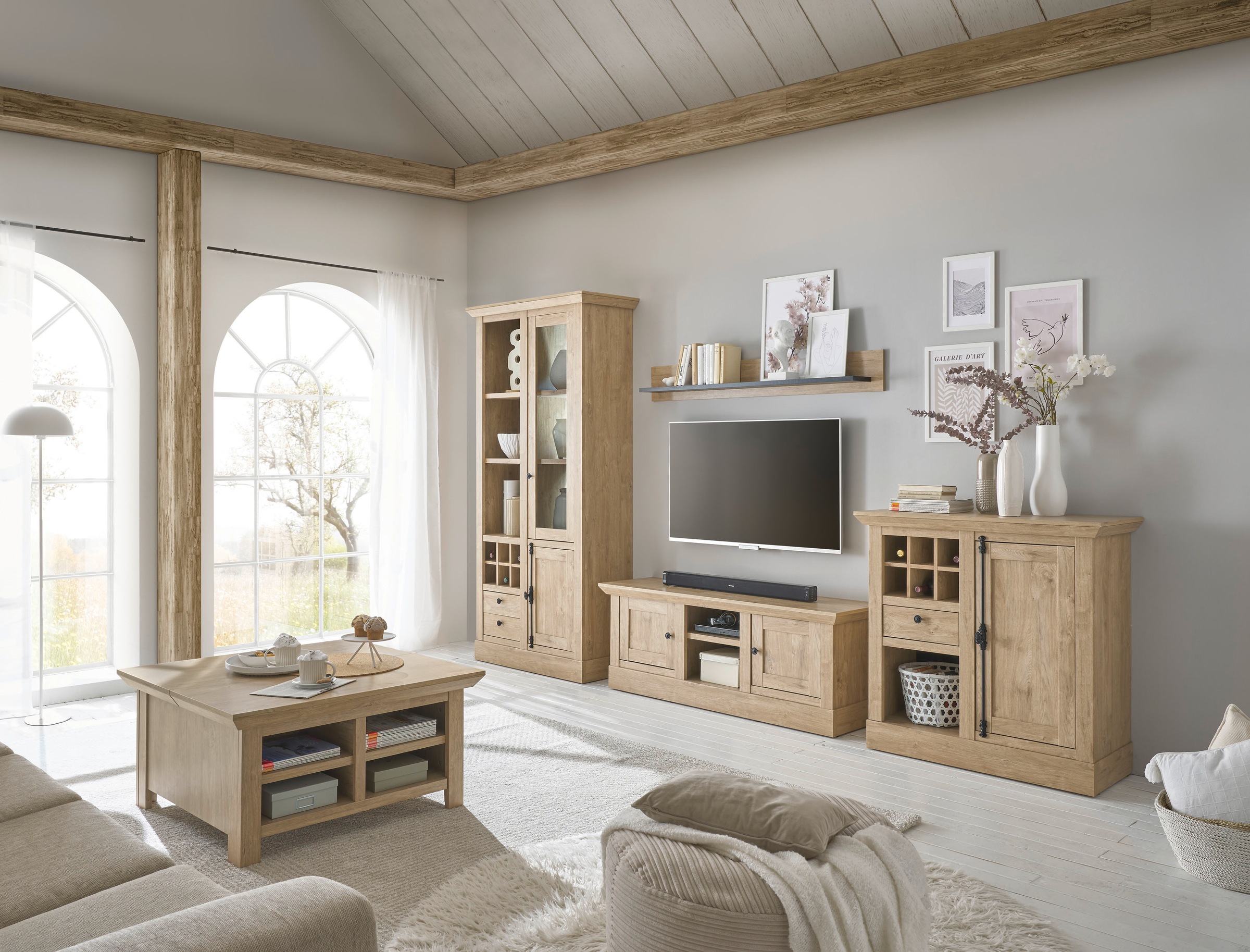 Home affaire Wohnwand »Cornwall, Anbauwand im Landhausstil, Wohnzimmer-Set, Eiche Dekor« Set, 4 Stk. tlg.