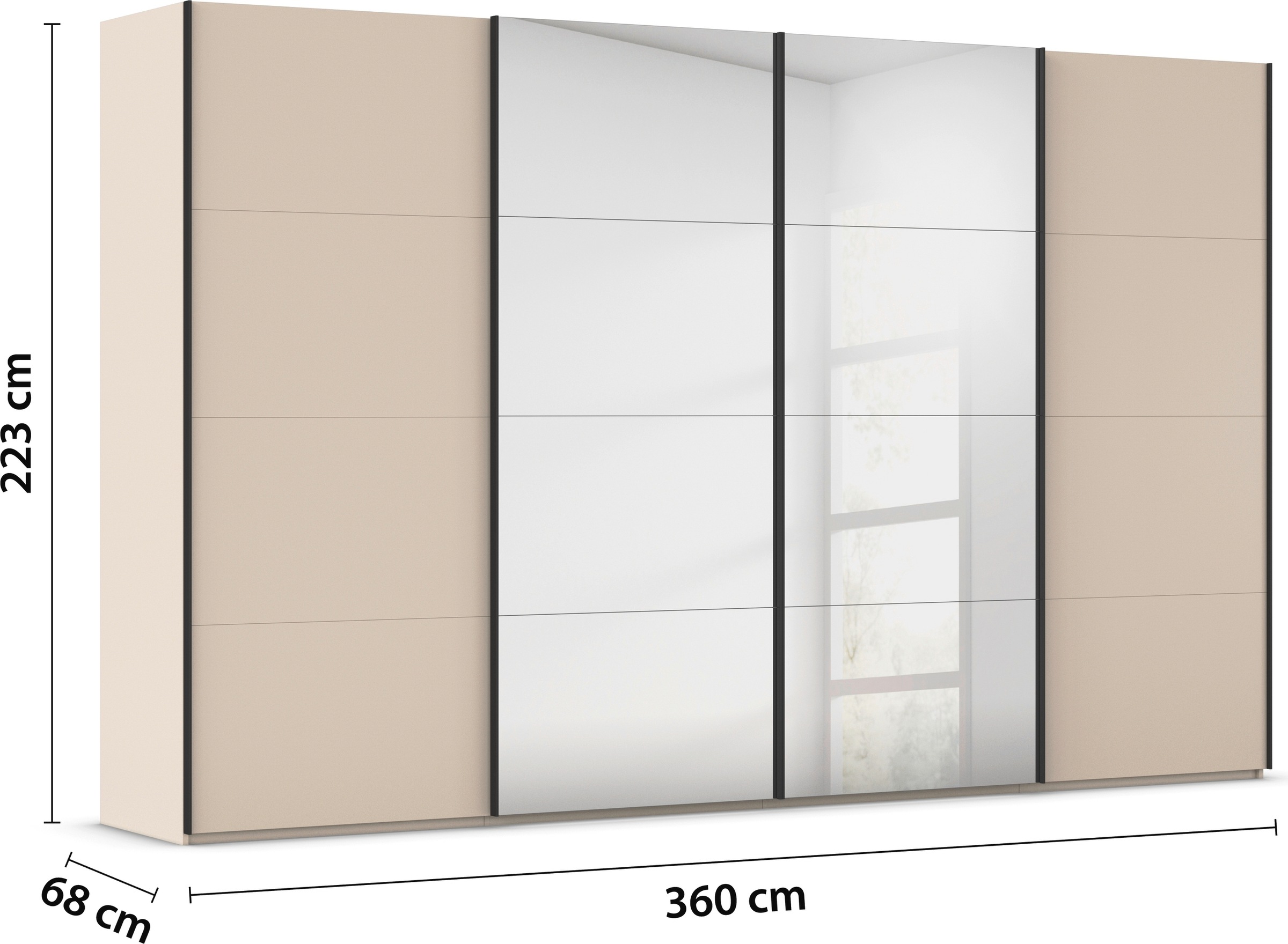 rauch Schwebetürenschrank »Kleiderschrank Schrank Garderobe Schlafzimmerschrank SCALE-FYRA«, edle viergeteilte Türen mit Spiegel und vielen Farben MADE IN GERMANY