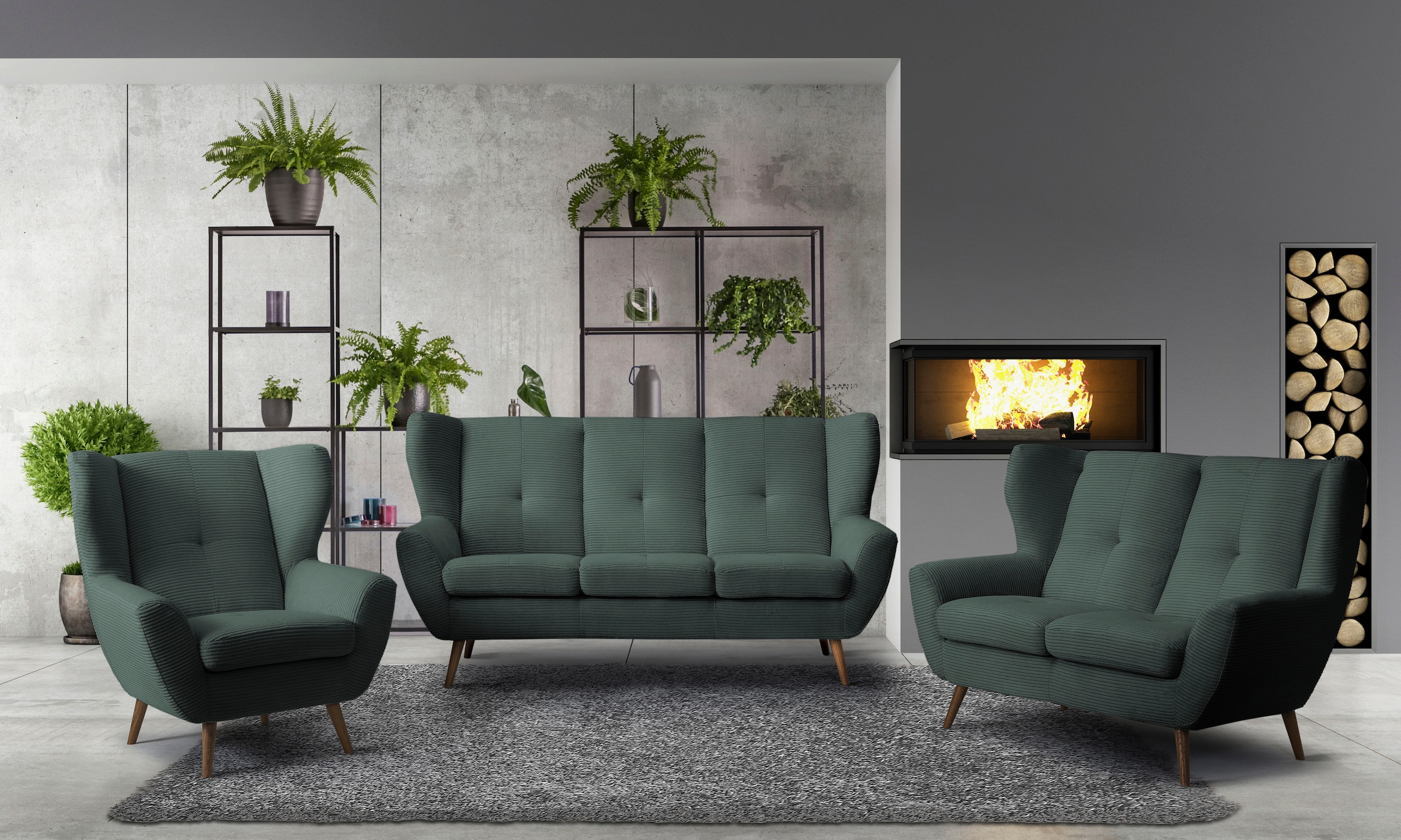exxpo - sofa fashion 2-Sitzer »ALVESTA, Loungesofa, Küchensofa, hoher Sitzkomfort, Ohrenbackensofa«, gemütliche Rückenlehne, mit Knopfheftung und hohen Holzfüßen, in Cord
