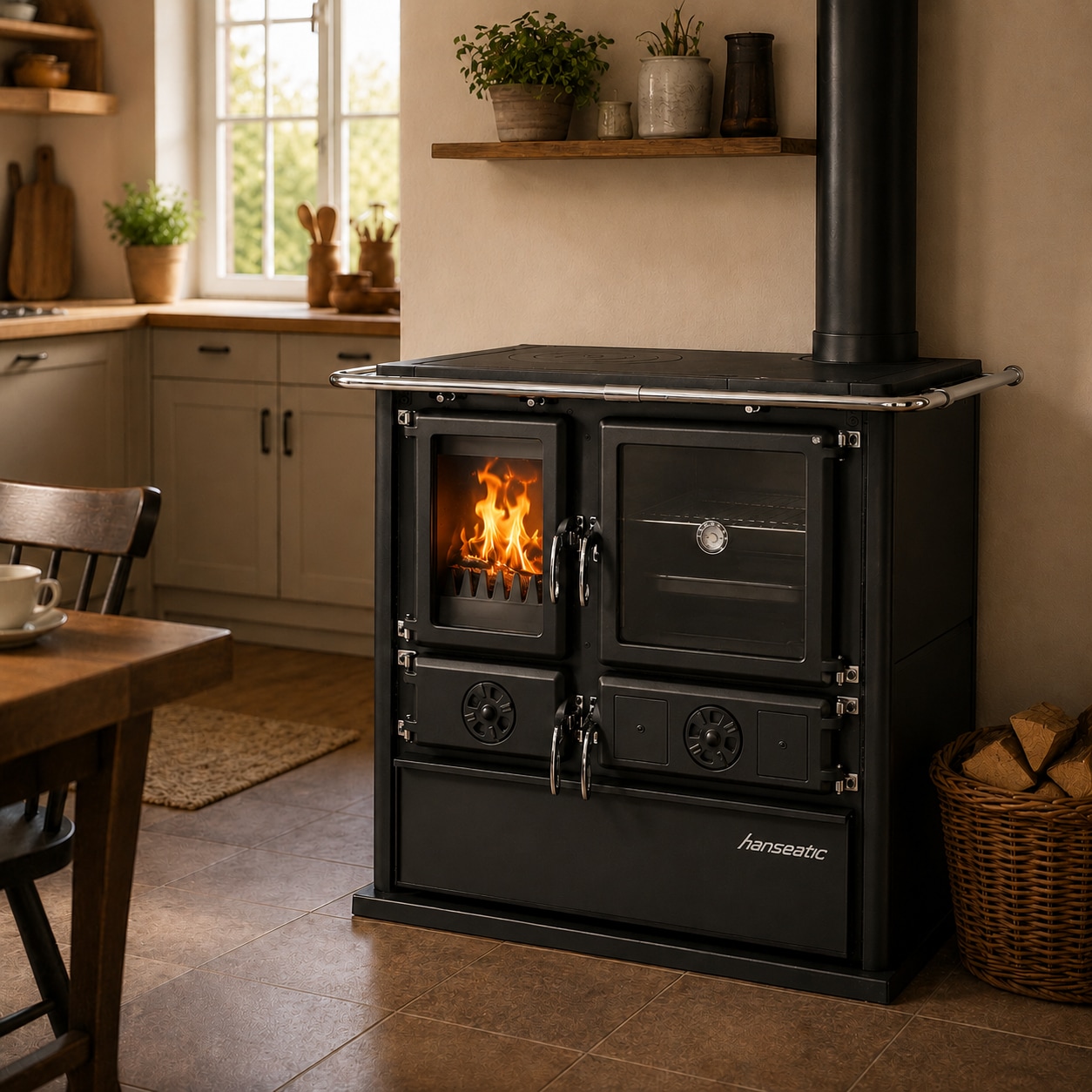 Hanseatic Festbrennstoffherd »»Cook Premium« Pure Black, Lieferung bis in die Küche« Küchenofen, Ofenherd zum Heizen, Kochen & Backen