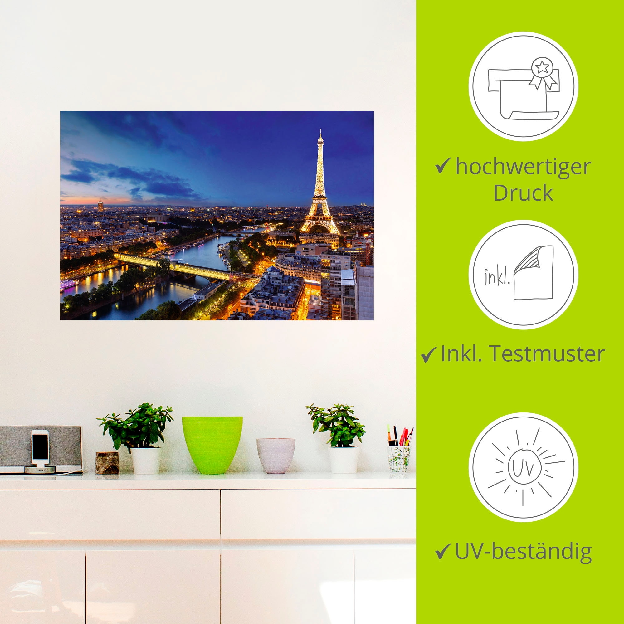 Artland Wandbild »Eiffelturm und Seine am Abend, Paris«, Paris, (1 St.), als Alubild, Outdoorbild, Leinwandbild, Poster, Wandaufkleber