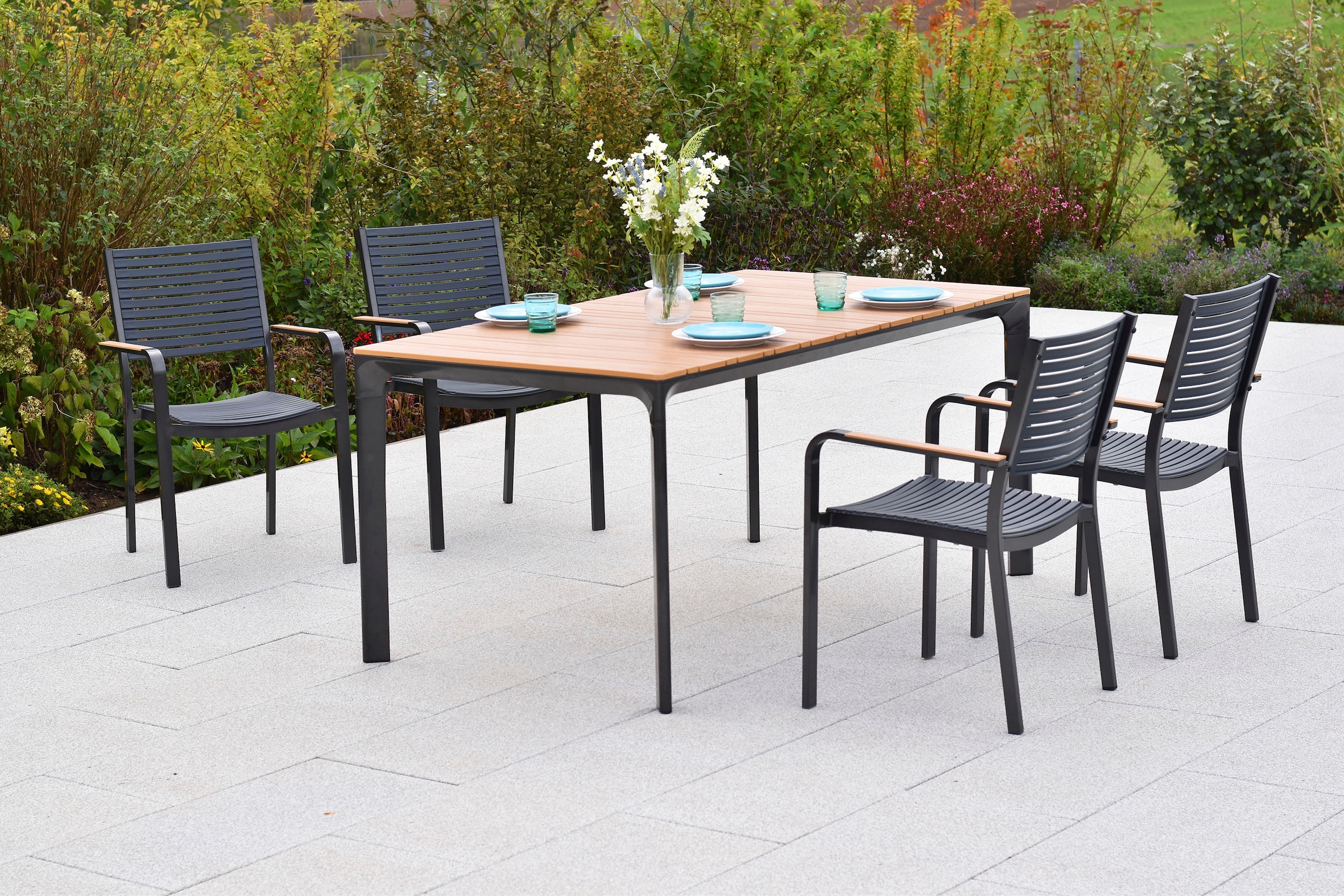 MERXX Garten-Essgruppe »»Paliano«« Set, 5 Stk. tlg. Applikationen, Armlehnen und Tischplatte aus Kunststoff in Holzoptik