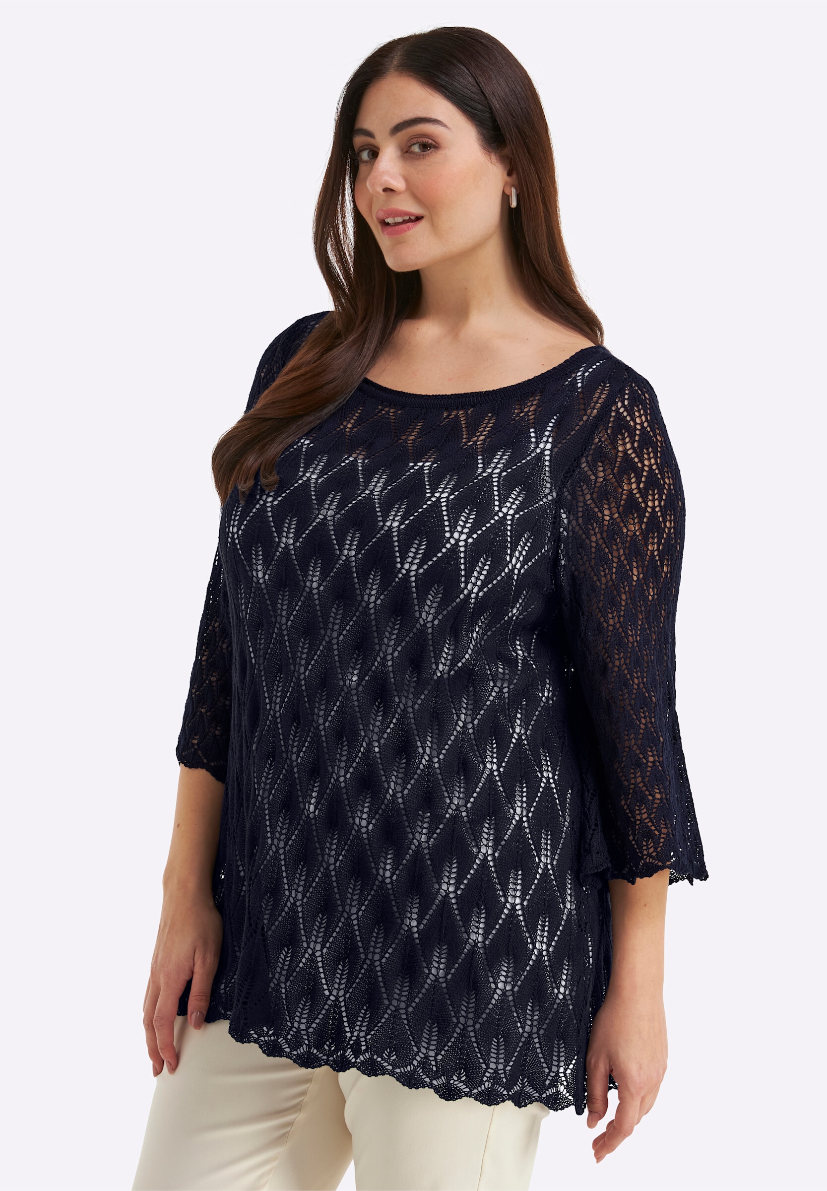 Sheego Longpullover »3/4-Arm-Pullover Ajourpullover mit 3/4-Trompetenärmeln«