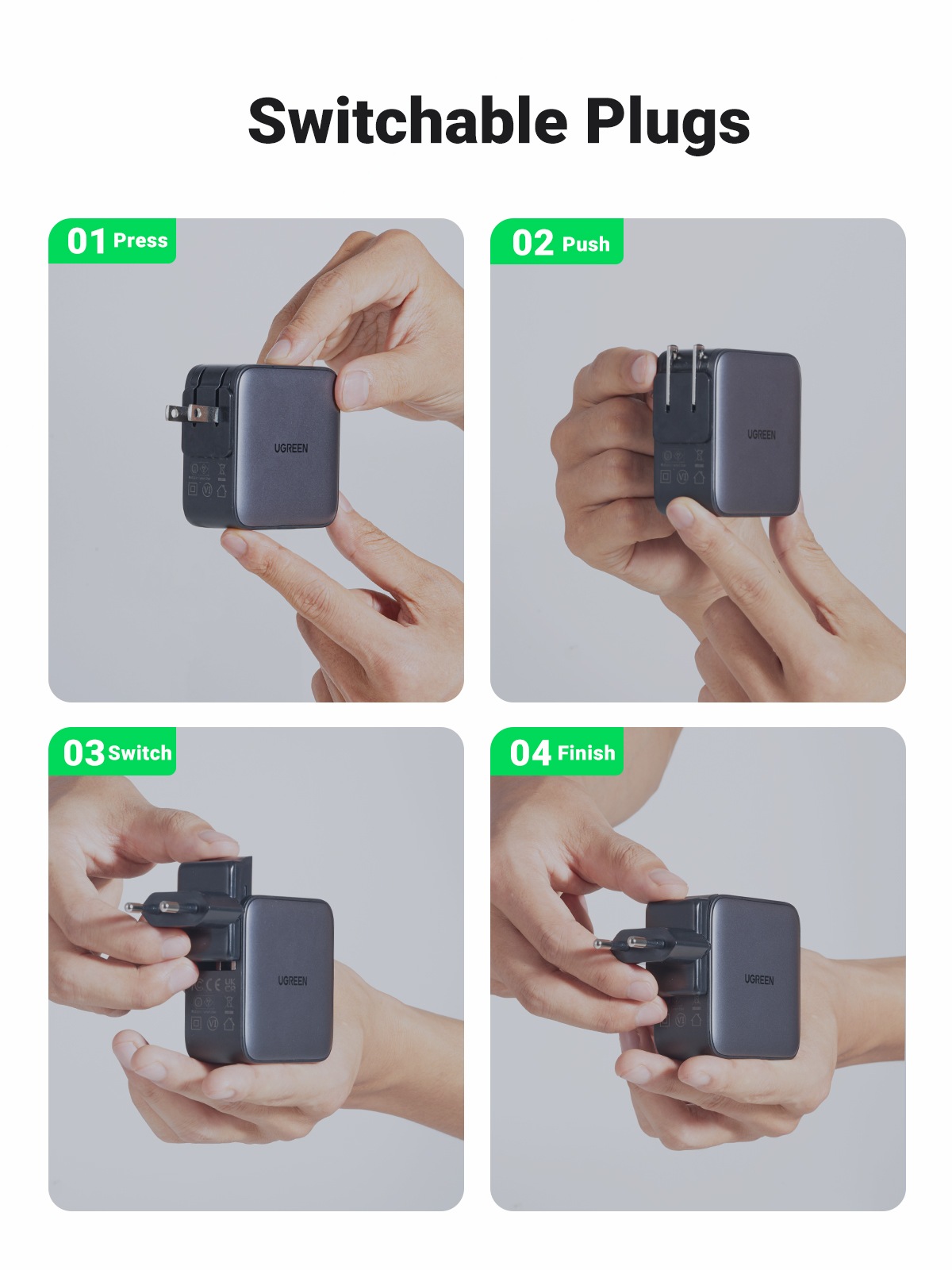 UGREEN Schnelllade-Gerät »USB-A+2*USB-C 65W GaN Worldwide Travel Fast Charger CD296«