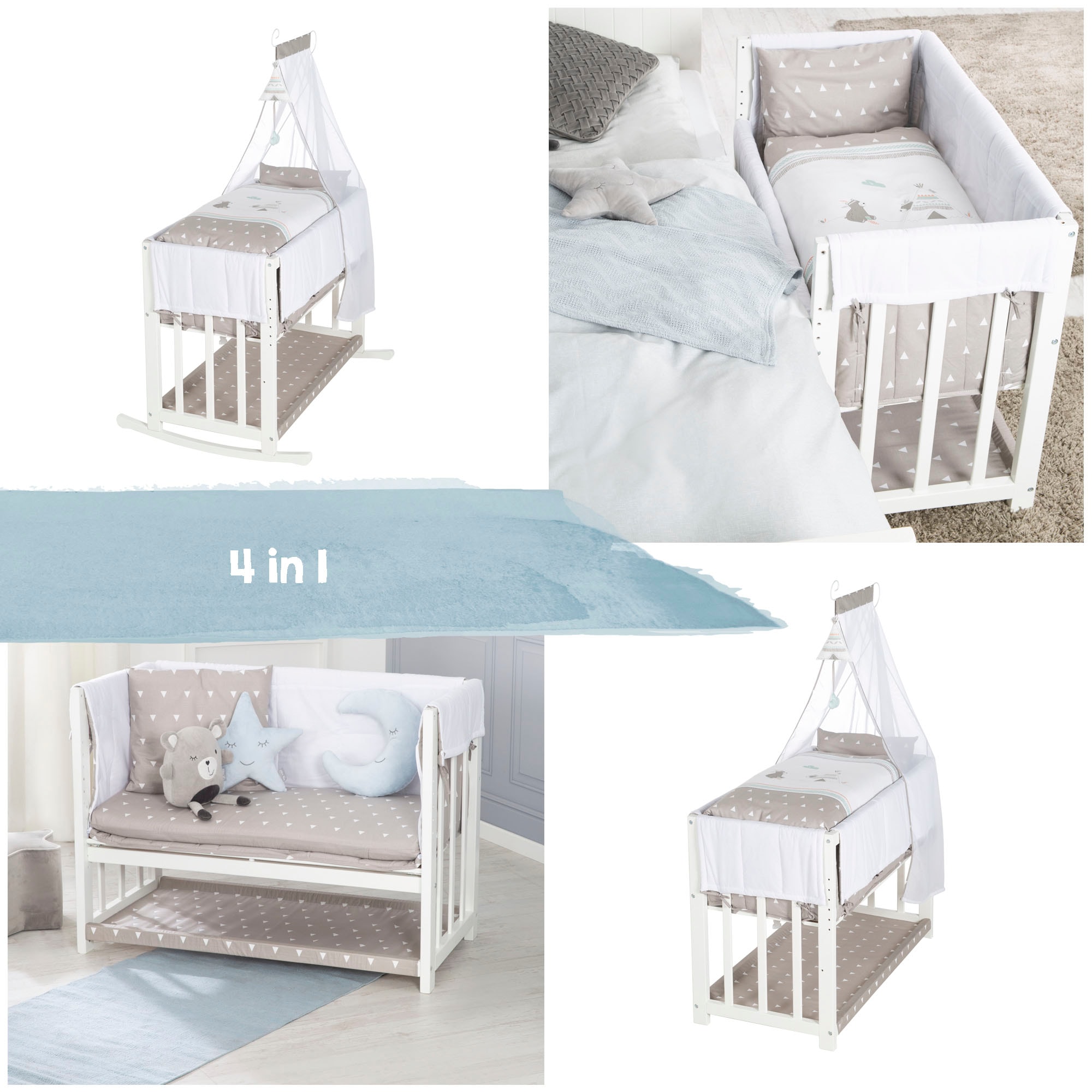 roba® Stubenbett »4 in 1, Indibär, weiß«, zu Wiege, Elternbett oder Bank umbaubar