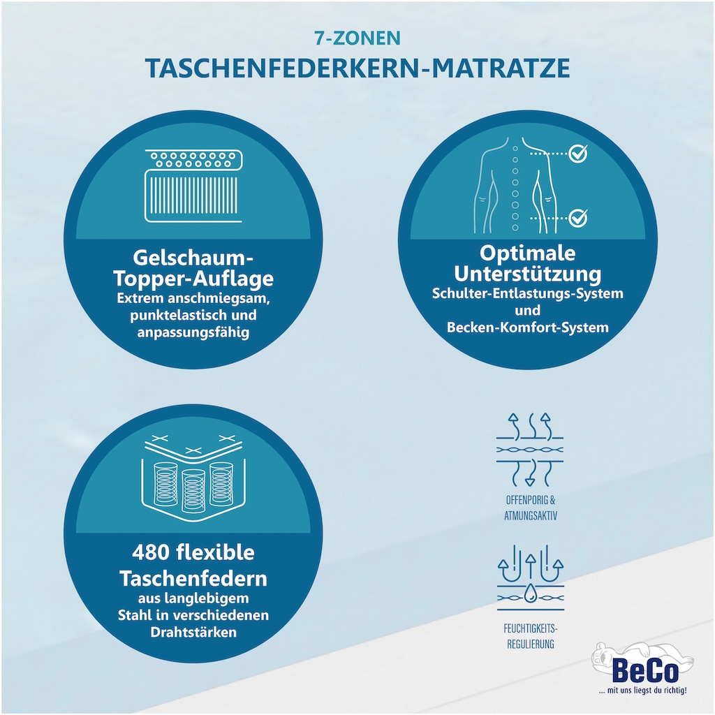 Beco Taschenfederkernmatratze »Royal Komfort Gel«, 26 cm hoch, 480 Federn, (1 St.), von Haus & Garten mit "SEHR GUT" ausgezeichnet, getestet in Gr. 180x200 cm H2 - Wendematratze mit zwei unterschiedlich festen Liegeseiten.