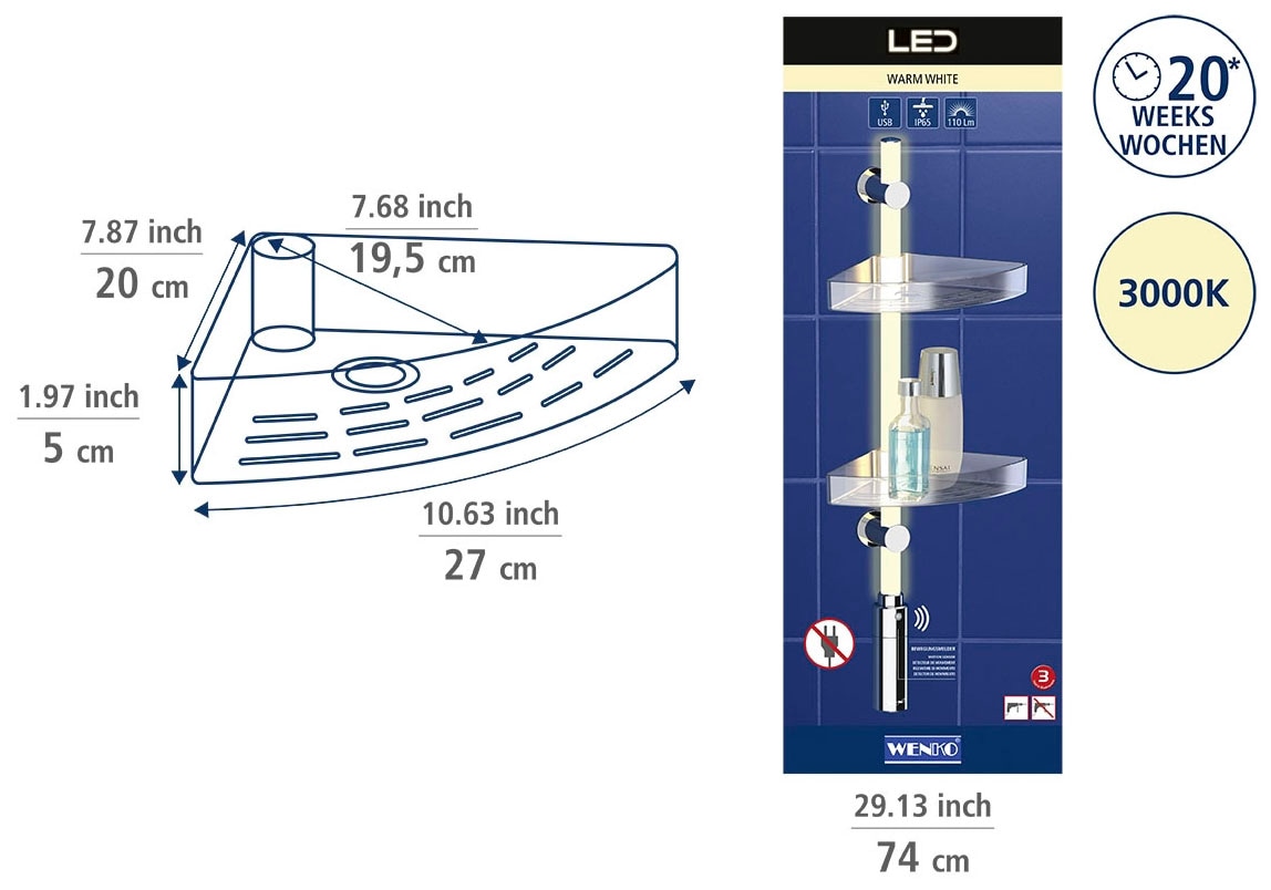 WENKO Duschregal »LED Duscheckregal«, 74 cm, LED-Duschstange mit Bewegungsmelder und 2 Ablagen