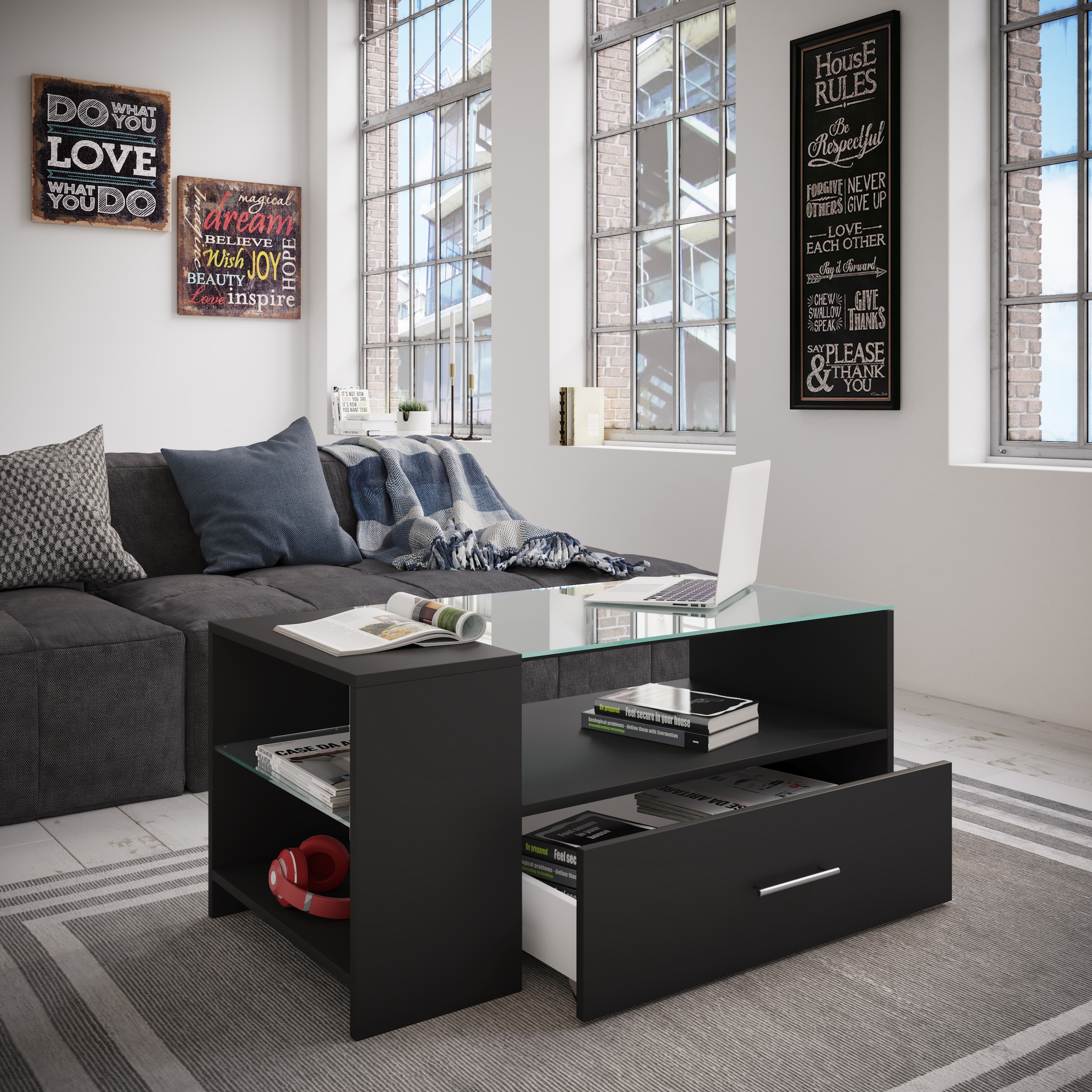 VCM Beistelltisch »Holz Sofatisch Couchtisch Schublade Glas Tindala«