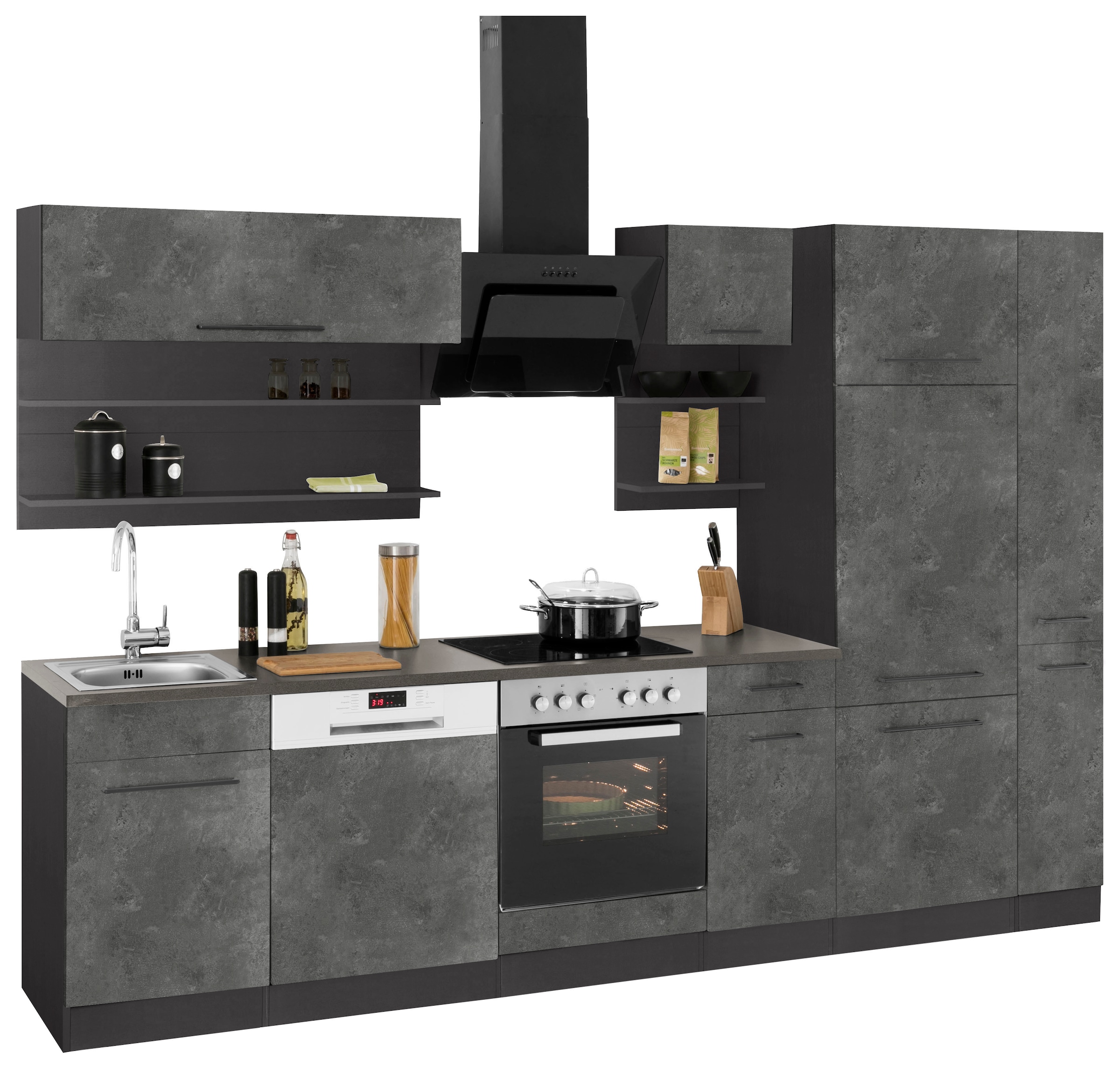 KOCHSTATION Küchenzeile »KS-Tulsa« ohne E-Geräte, Breite 300 cm, schwarze Metallgriffe, MDF Fronten