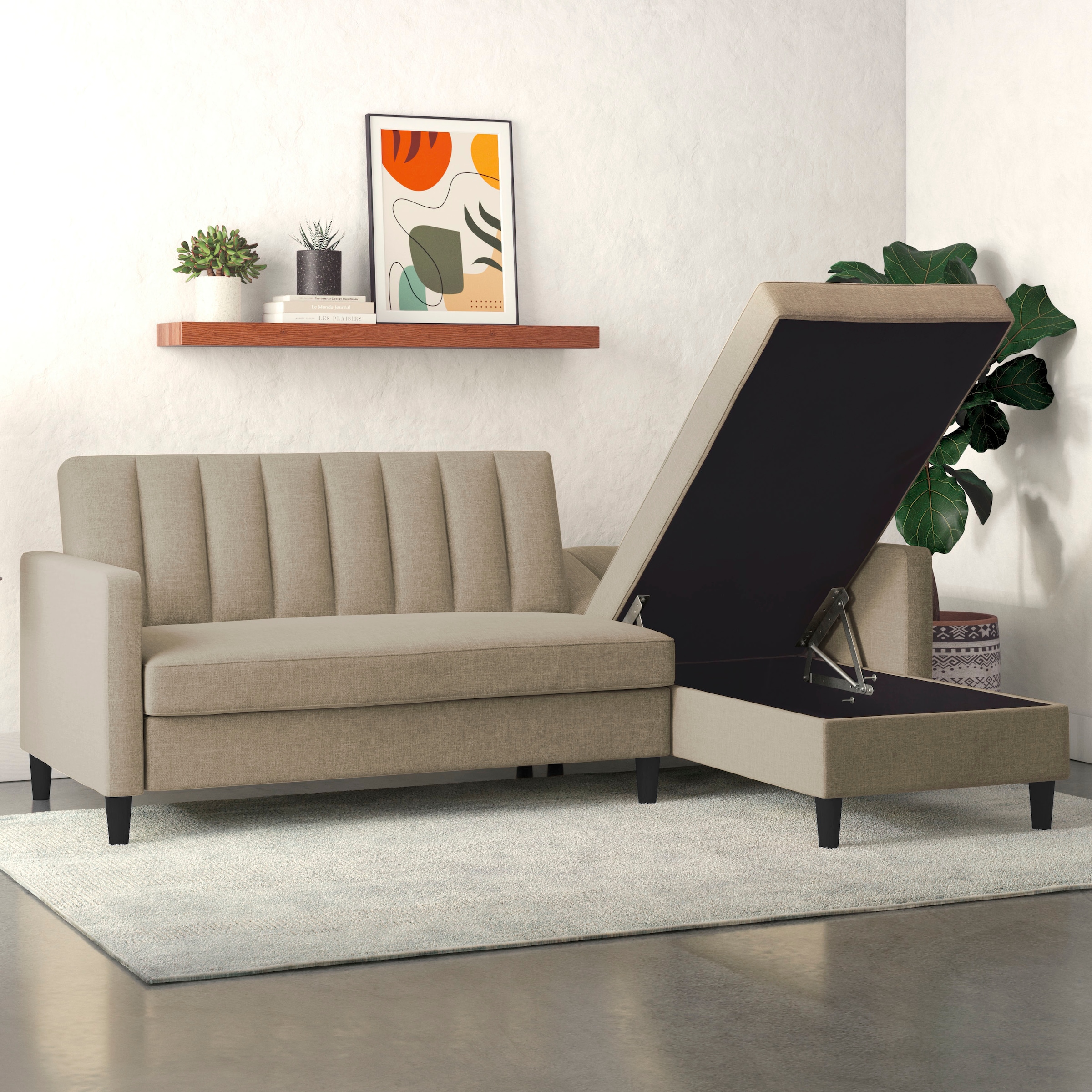 Dorel Home Ecksofa mit Schlafffunktion, Recamiere mit Stauraum beidseitig montierbar, Rückenlehne 2-teilig und 3-fach verstellbar