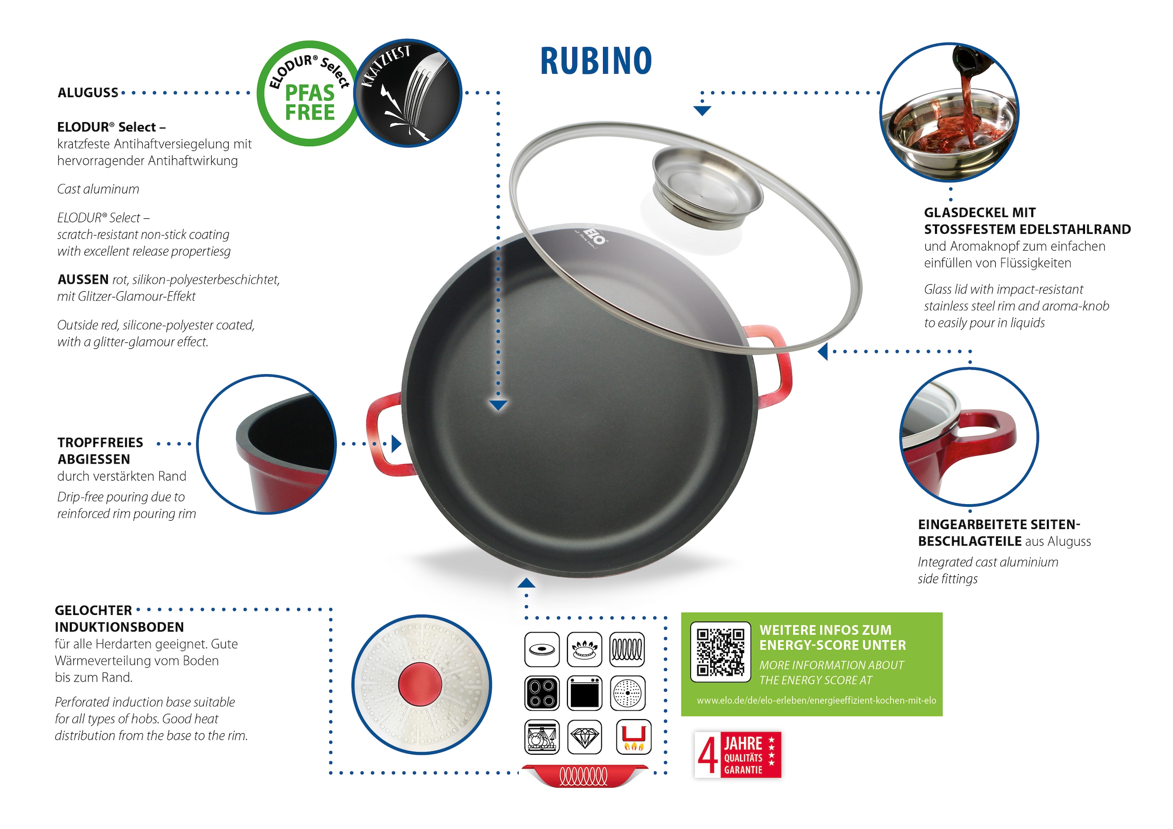 Elo Servierpfanne »Rubino, Pfanne mit Glasdeckel« Aluminiumguss 1 Stk. tlg. mit Glitzer-Glamour-Effekt außen