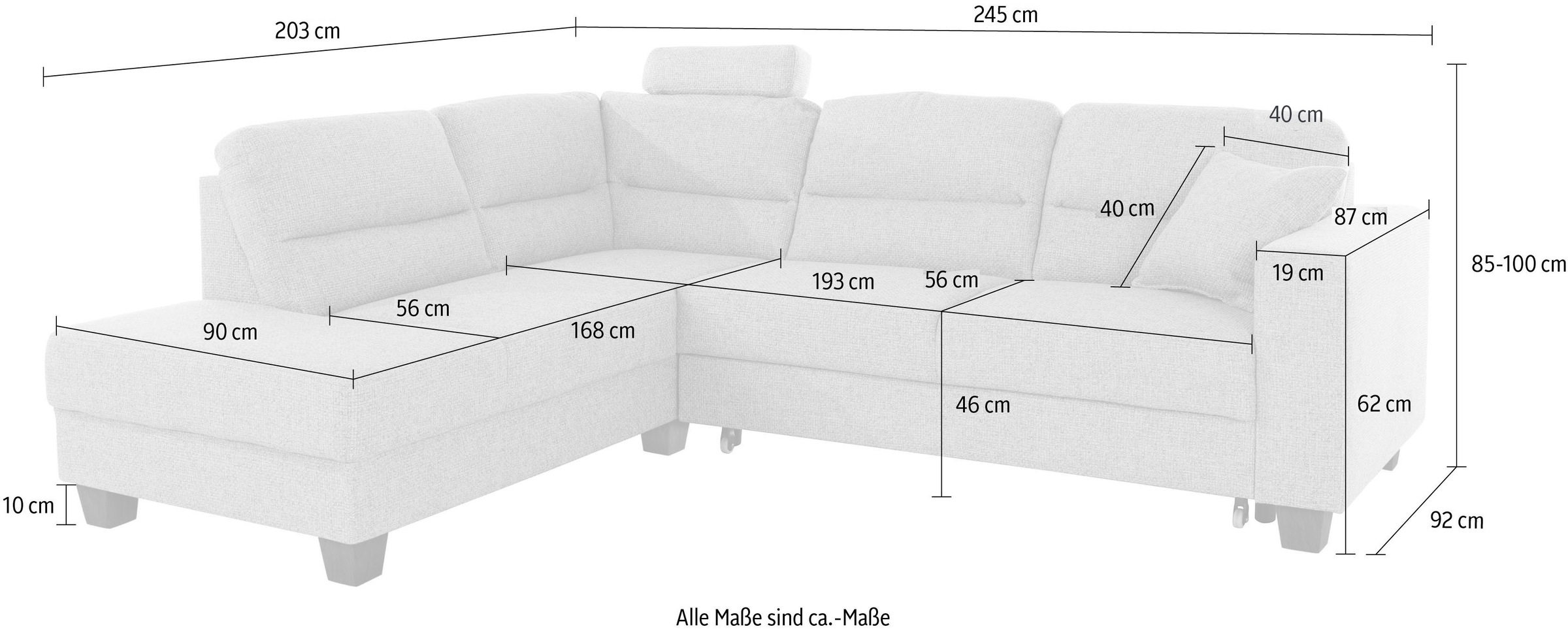 TRENDMANUFAKTUR Ecksofa »Chamber, zeitlos & elegant, bequem, L-Form« inklusive einer Kopfstütze, wahlweise Schlaffunktion, B/T 203/245cm