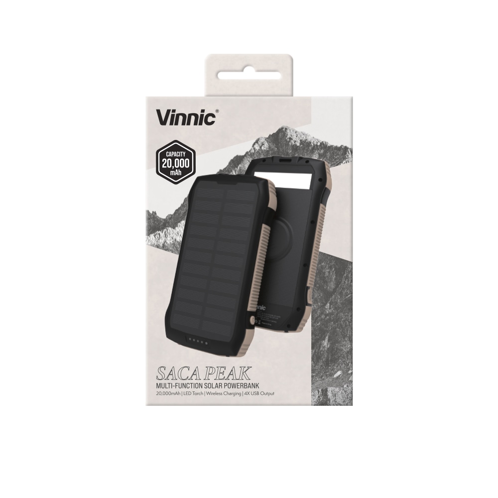 Vinnic Powerbank »SACA PEAK Solar Powerbank 20.000mAh IP65 1xUSB-C, 3xUSB-A«, Vinnic SACA PEAK Solar Powerbank 20.000mAh IP65 1xC 3xA,black