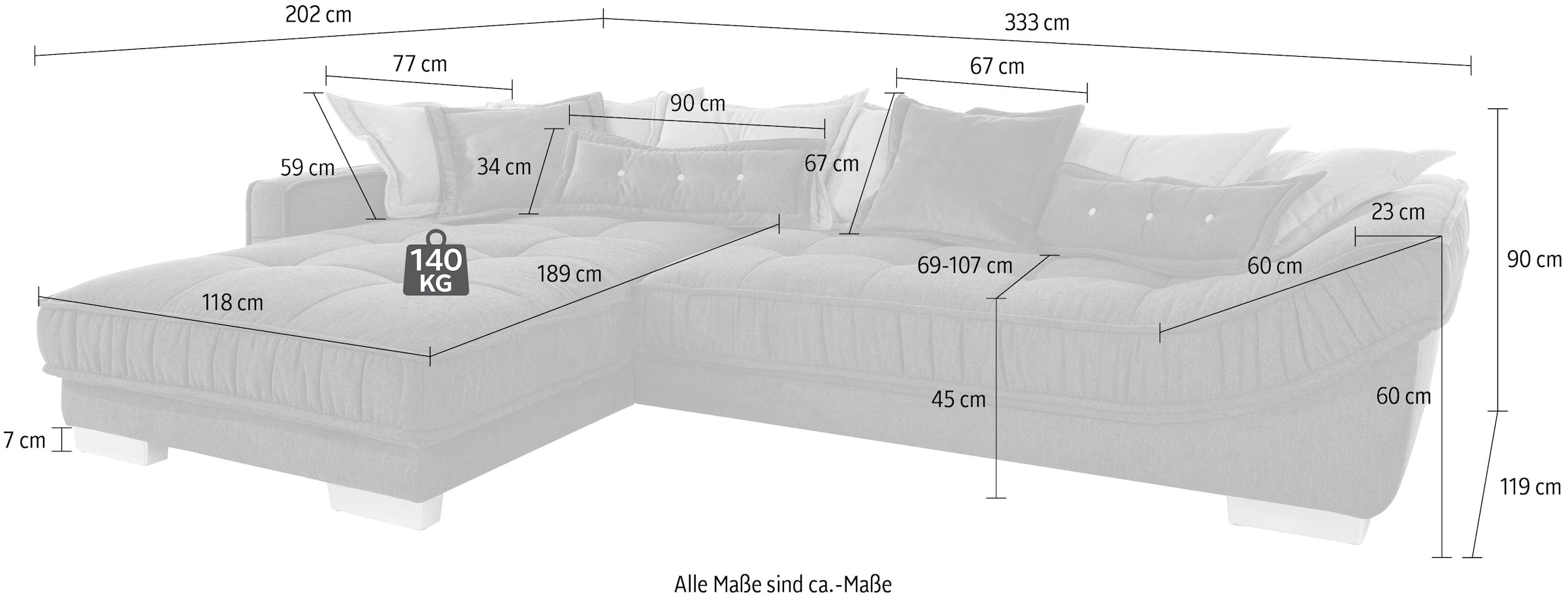 INOSIGN Ecksofa »Diwan L-Form«, für bis zu 140 kg pro Sitzfläche, mit vielen Kissen und Faltenwurf